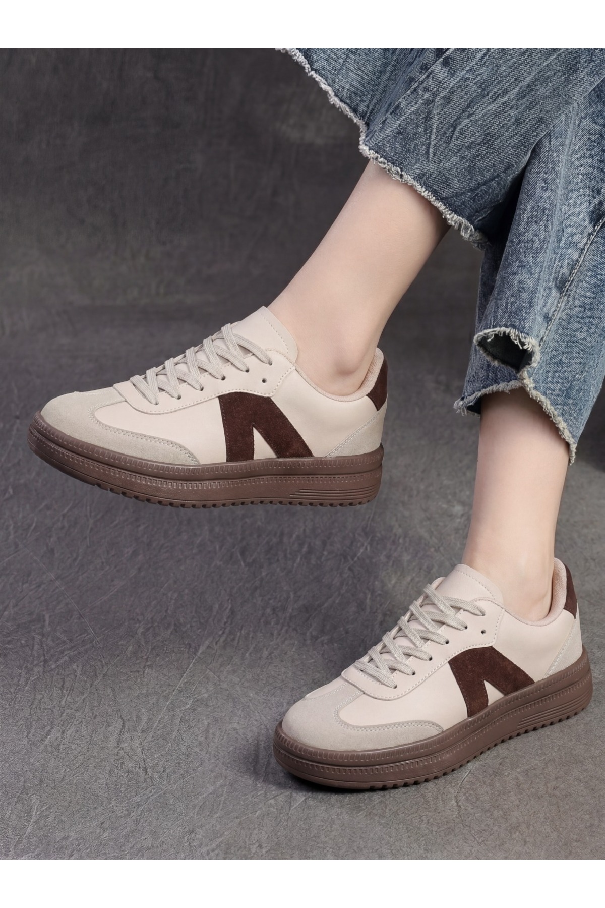 E SPORT Kadın Sneaker Yüksek Taban Ortopedik Bağcıklı Spor Ayakkabı Retro Bej-011 görsel 6