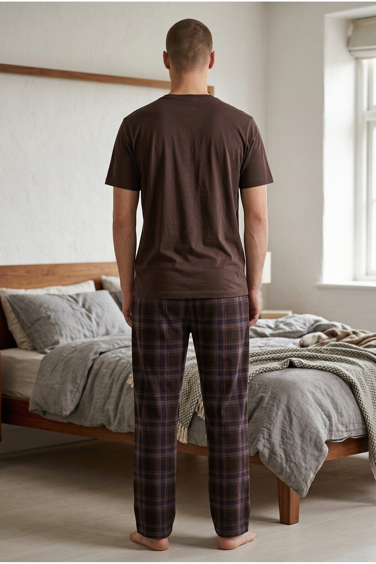 koza iç giyim Erkek Pamuklu Üst Füme Göğüs Cepli Kısa Kollu Pijama Takımı görsel 5