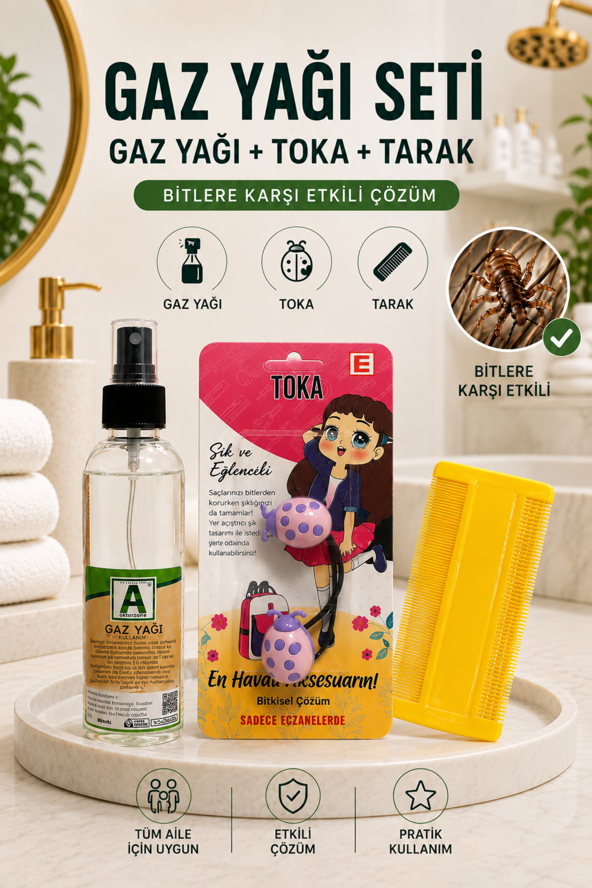 Aktarzane BİT TOKASI + Gaz Yağı + TARAK SET Temizleme Çocuklar için ! — T56541