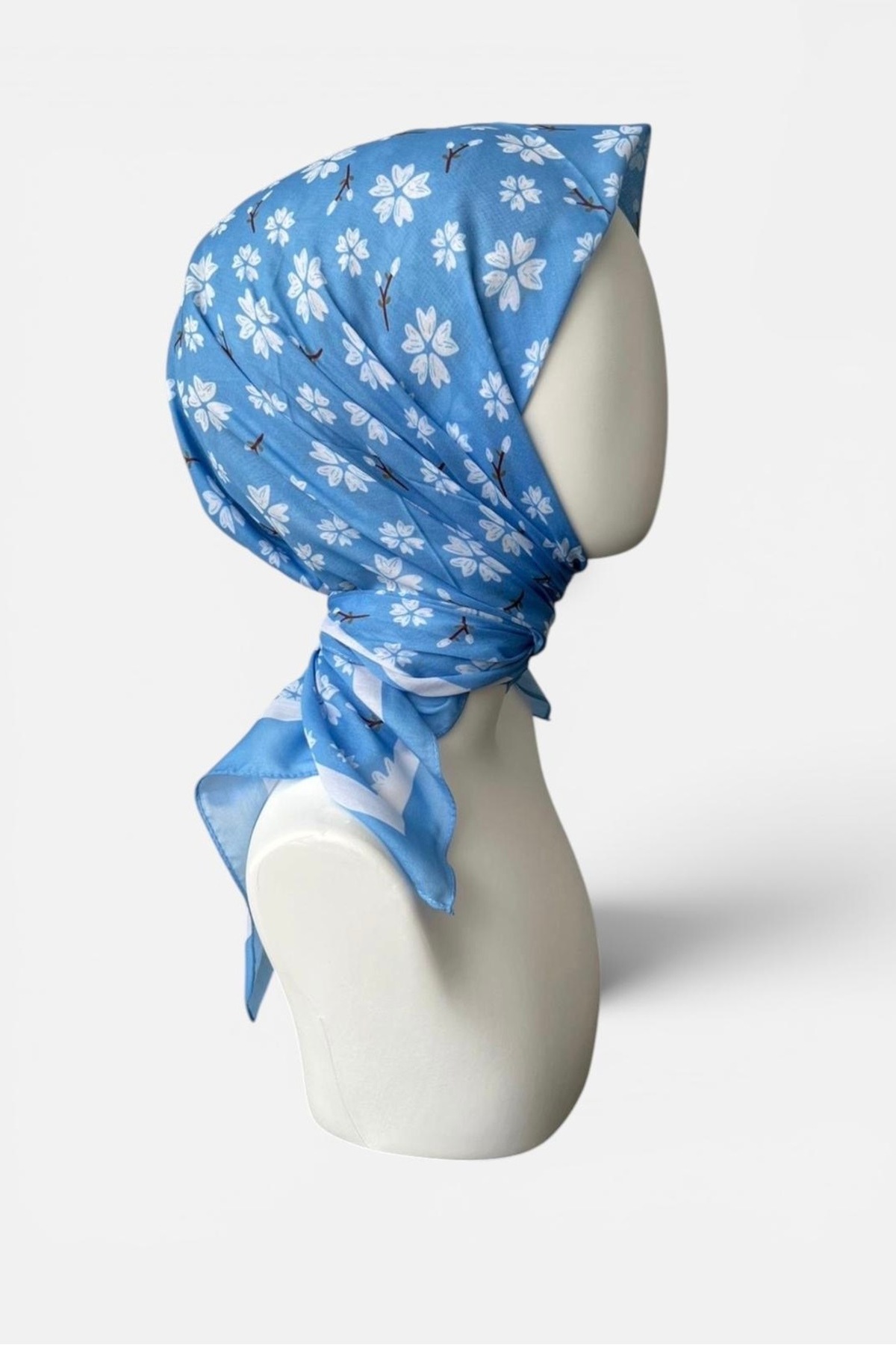 Blue Soft Scarf with Cherry Blossom Pattern