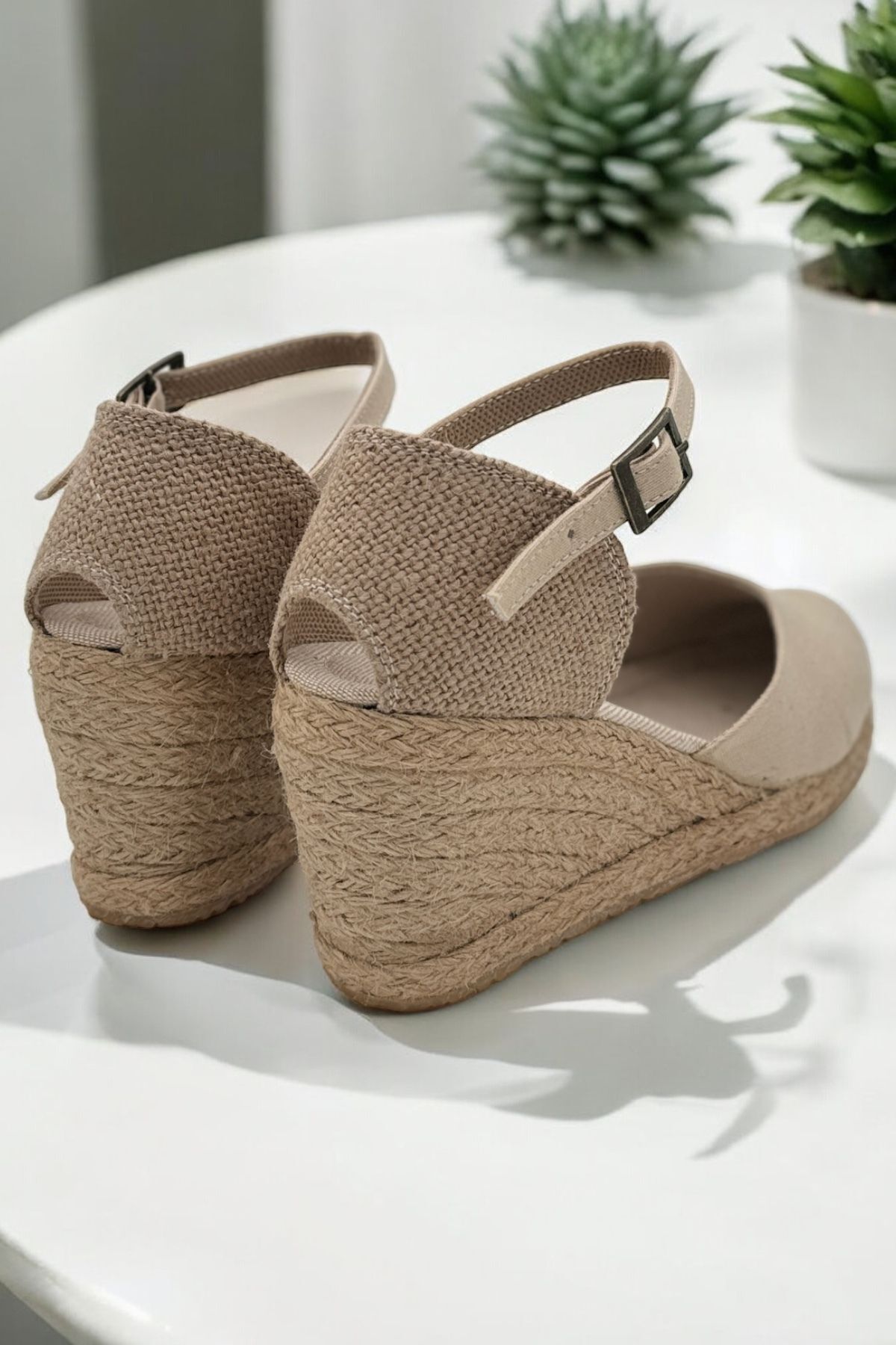Y&D Shoes Dolgu Topuk Arkası Açık Hasırlı Keten Sandalet görsel 8