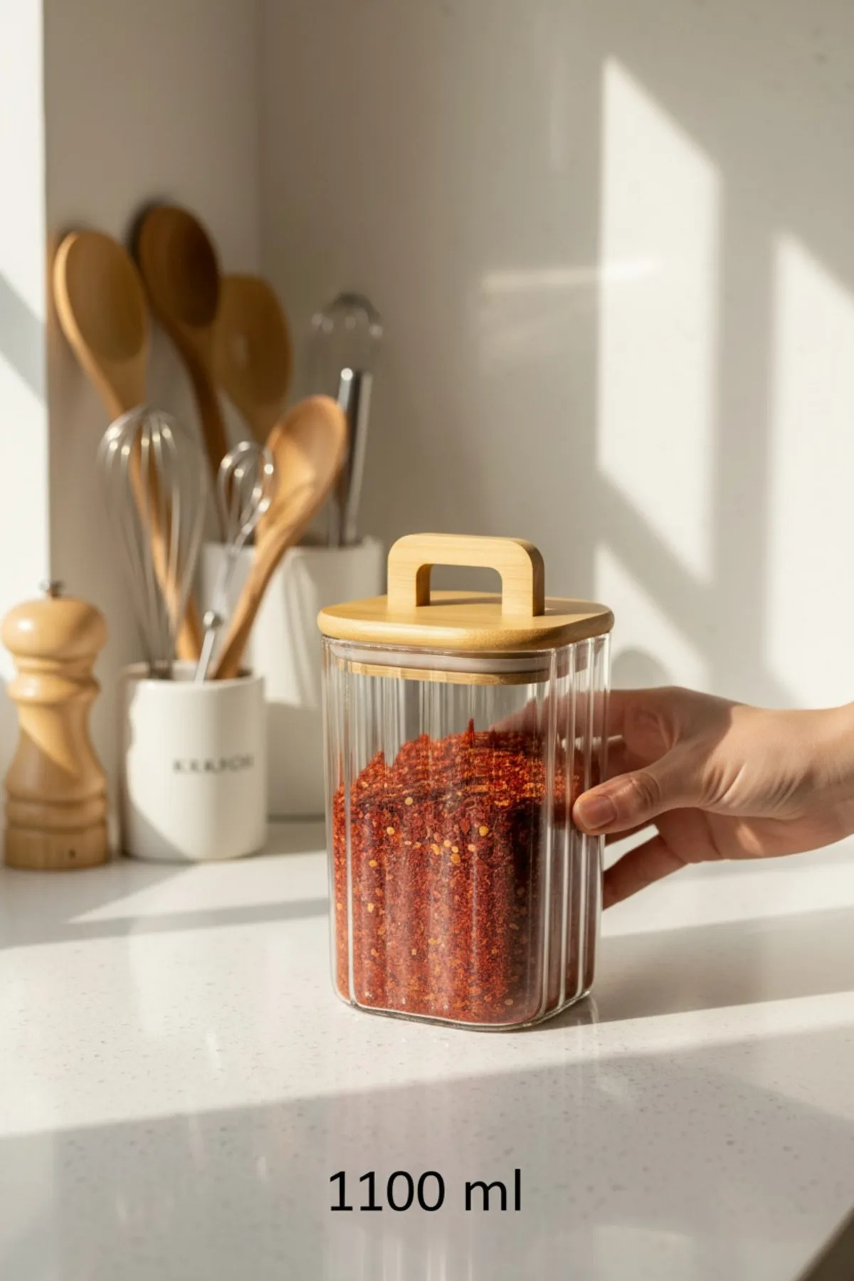 Bambu Kapaklı 1100 ml Line (Çizgili) Cam Saklama Kavanozu