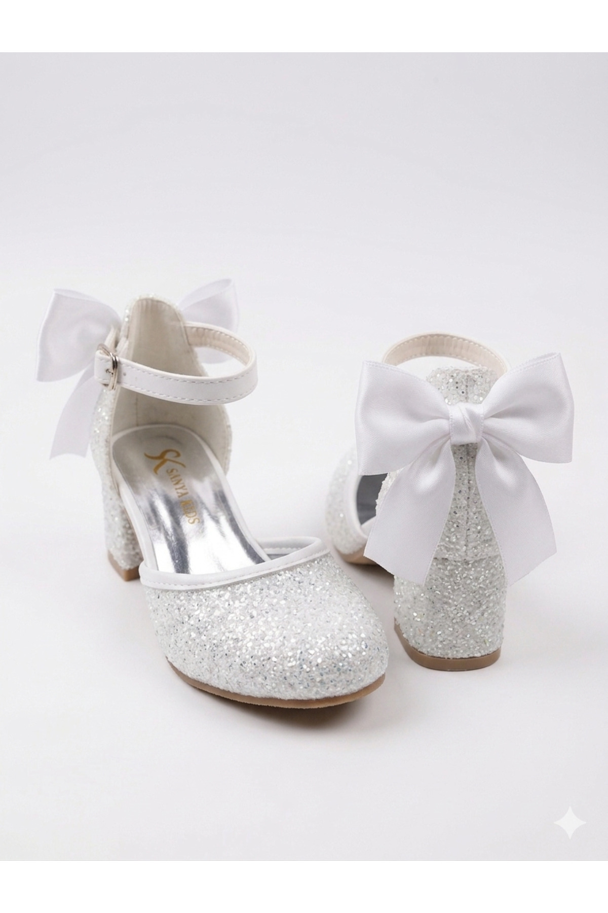 GIRL BOWTIE WHITE GLASS COLORED EVENING DRESS STYLISH HEELS