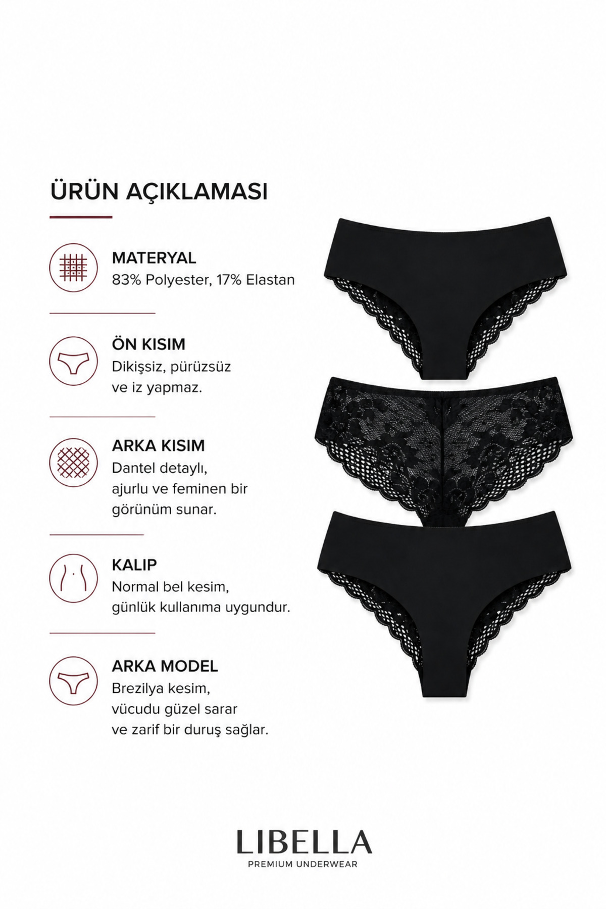 LİBELLA İÇ GİYİM Yeni Sezon Premium Büyük Beden Dantelli Lazer Tül Detaylı Şık Brezilya Külot Siyah 3'lü Paket görsel 3