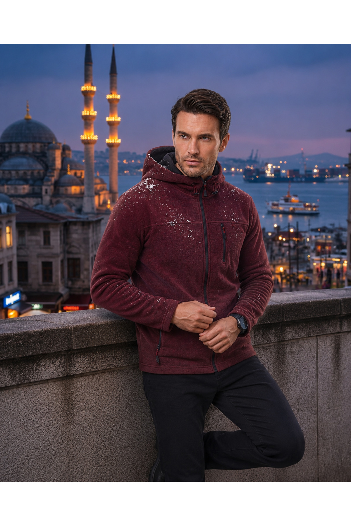 Erkek Bordo Kapüşonlu Polar – 3 Cepli Fermuarlı Sıcak Tutan Kışlık Outdoor Polar — زرشکی 342342423 — تصویر 5 از 5