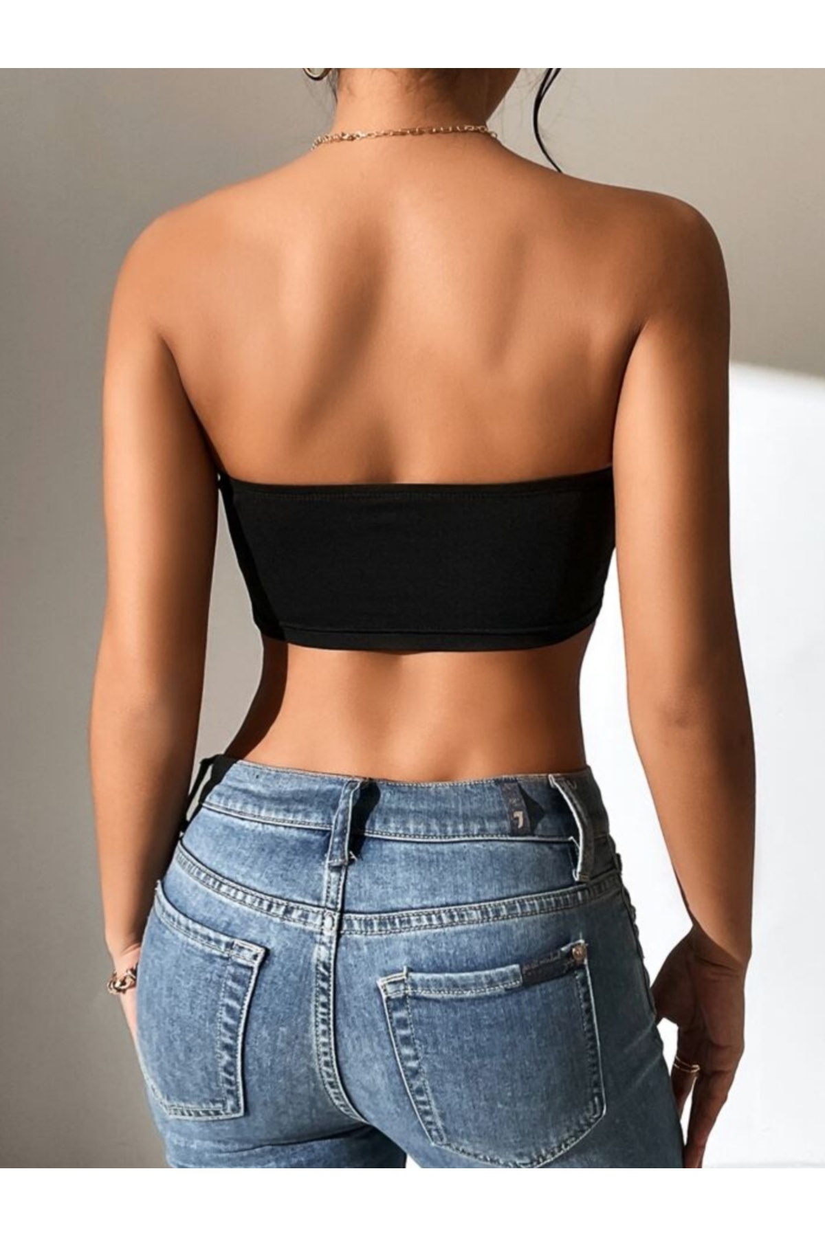 Olyssia Kadın 2'li Siyah & Lacivert Kısa Göğüs Altı Straplez Crop Top Büstiyer görsel 4