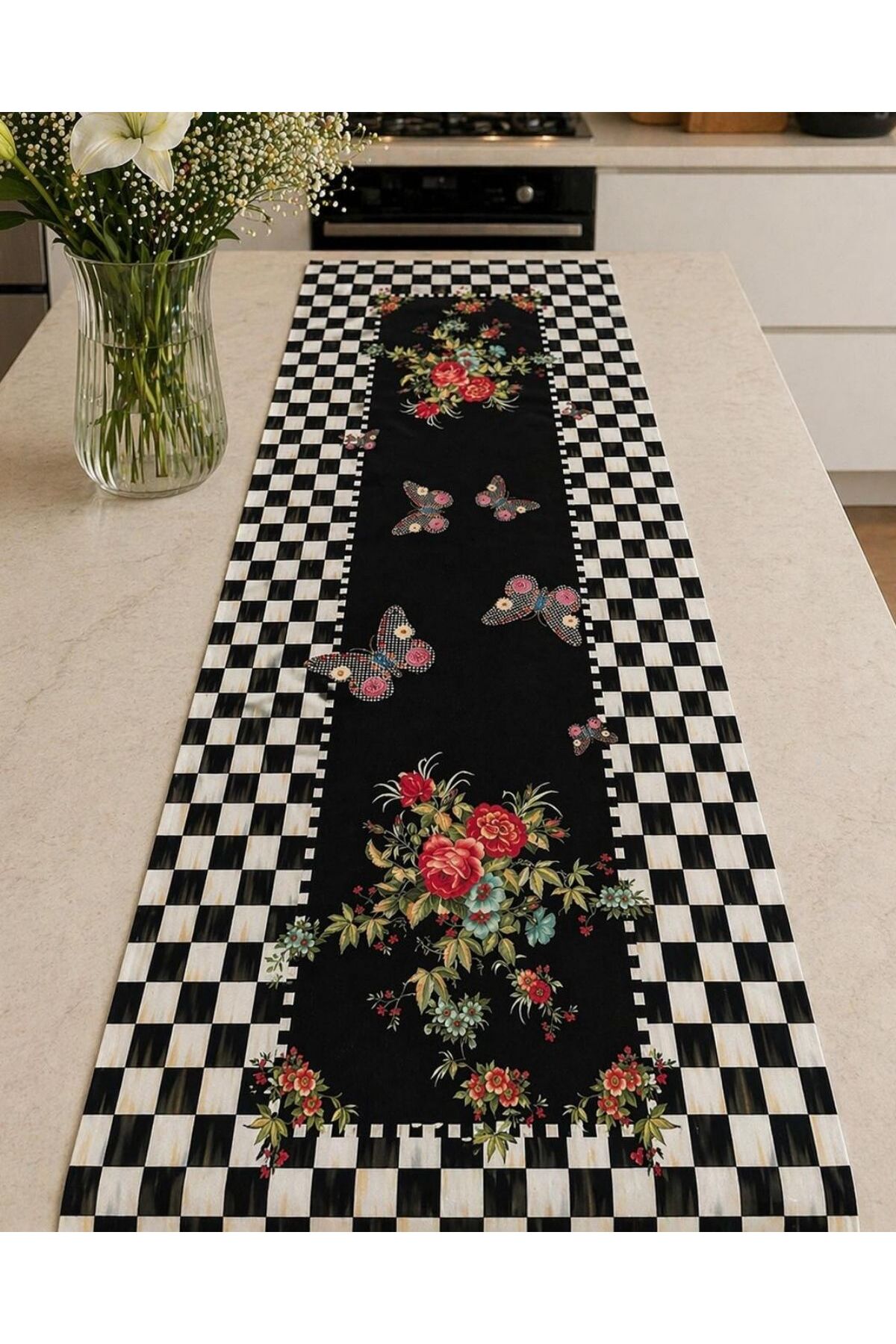 Checkered Butterfly Pattern Digital Printed Runner