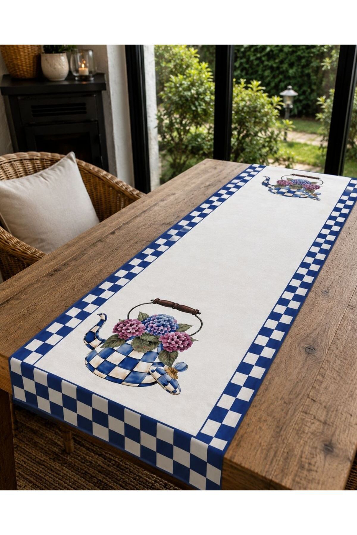 Blue Checkered Floral Decorative Runner