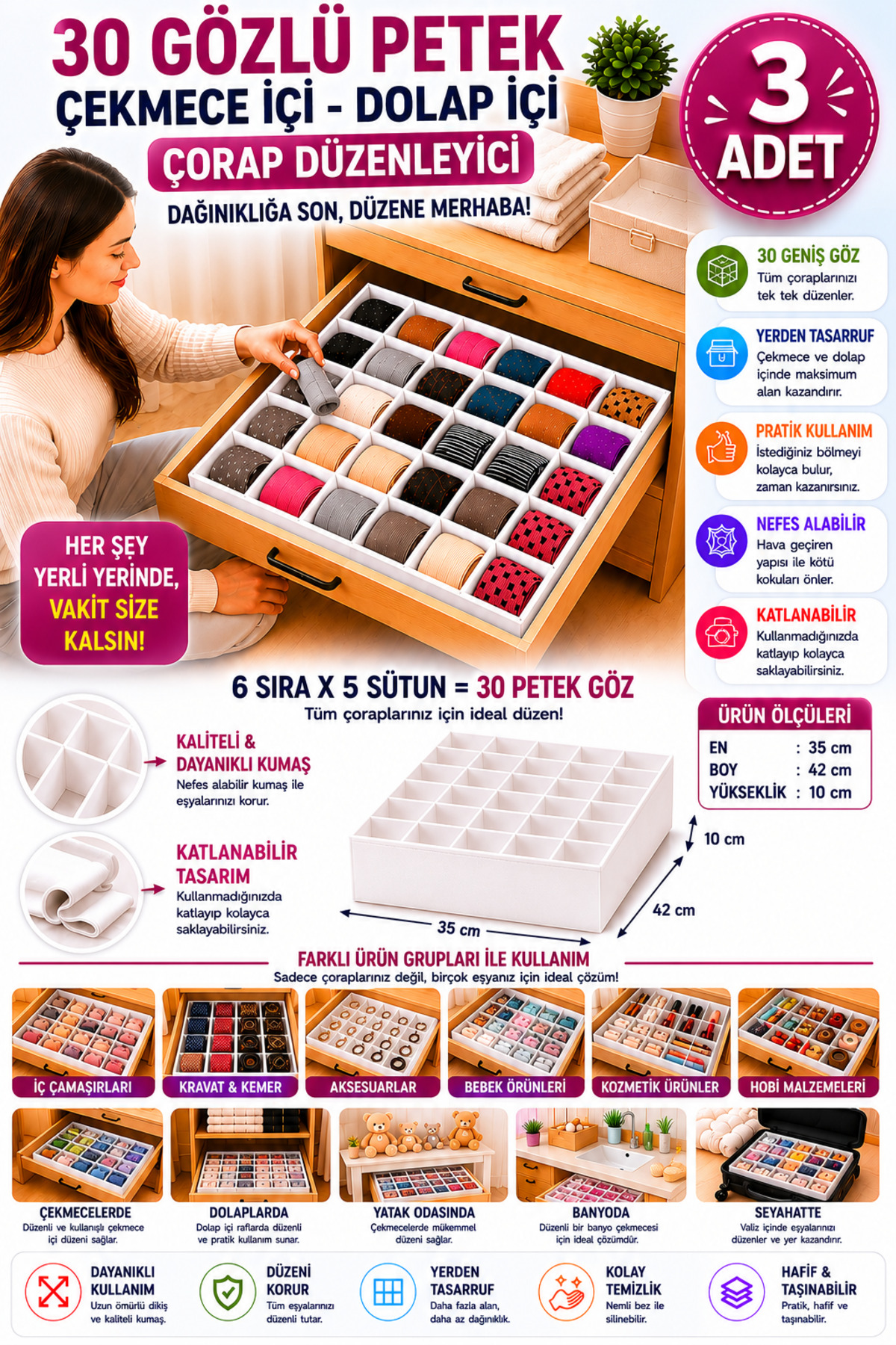 Özlem Toys 3 Adet Dolap Ve Çekmece Içi Çorap Düzenleyici (30 GÖZLÜ
