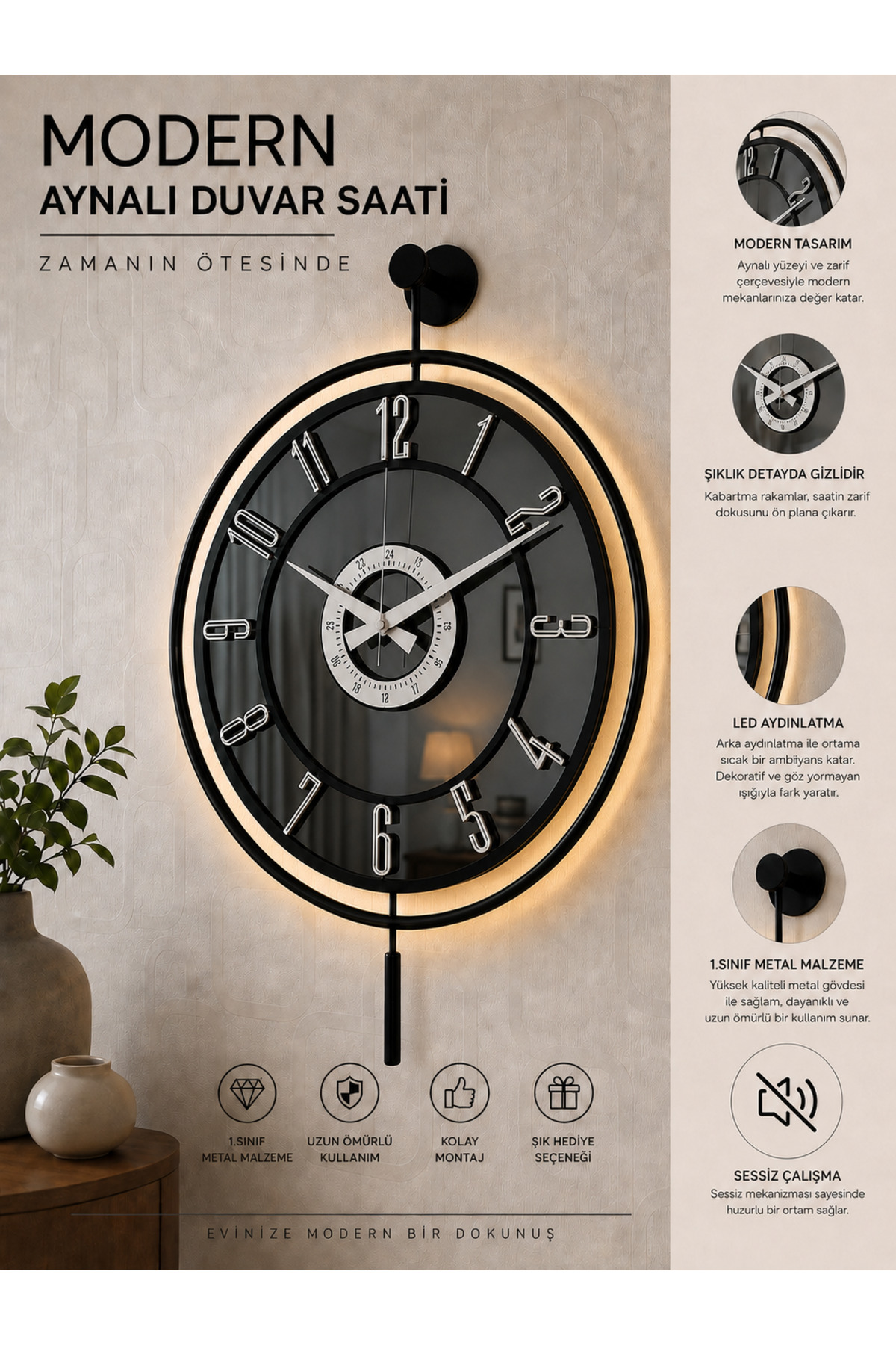 Metal Glass Wall Clock Real Glass Wall Clock with Light Modern Design