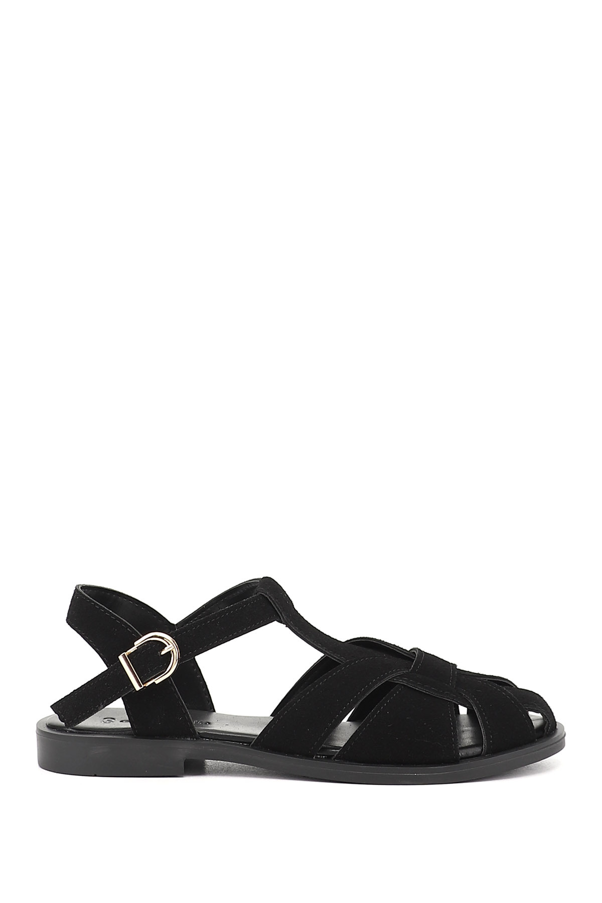 Women's Black Suede Buckle Banded Toe Closed Sandals