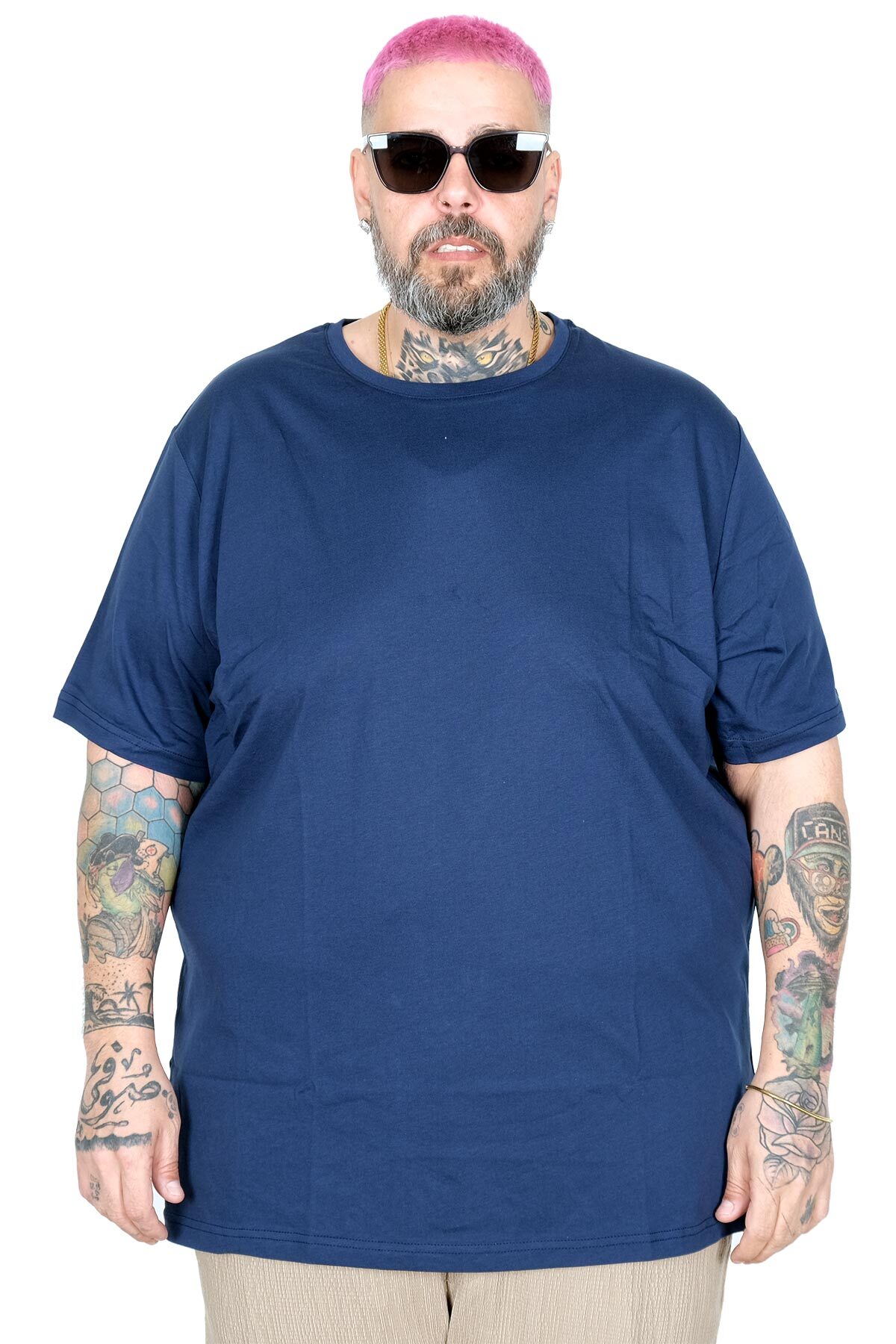 ModeXL Büyük Beden Erkek Bisiklet Yaka Basic T-Shirt %100 Pamuk 20031 İndigo görsel 2