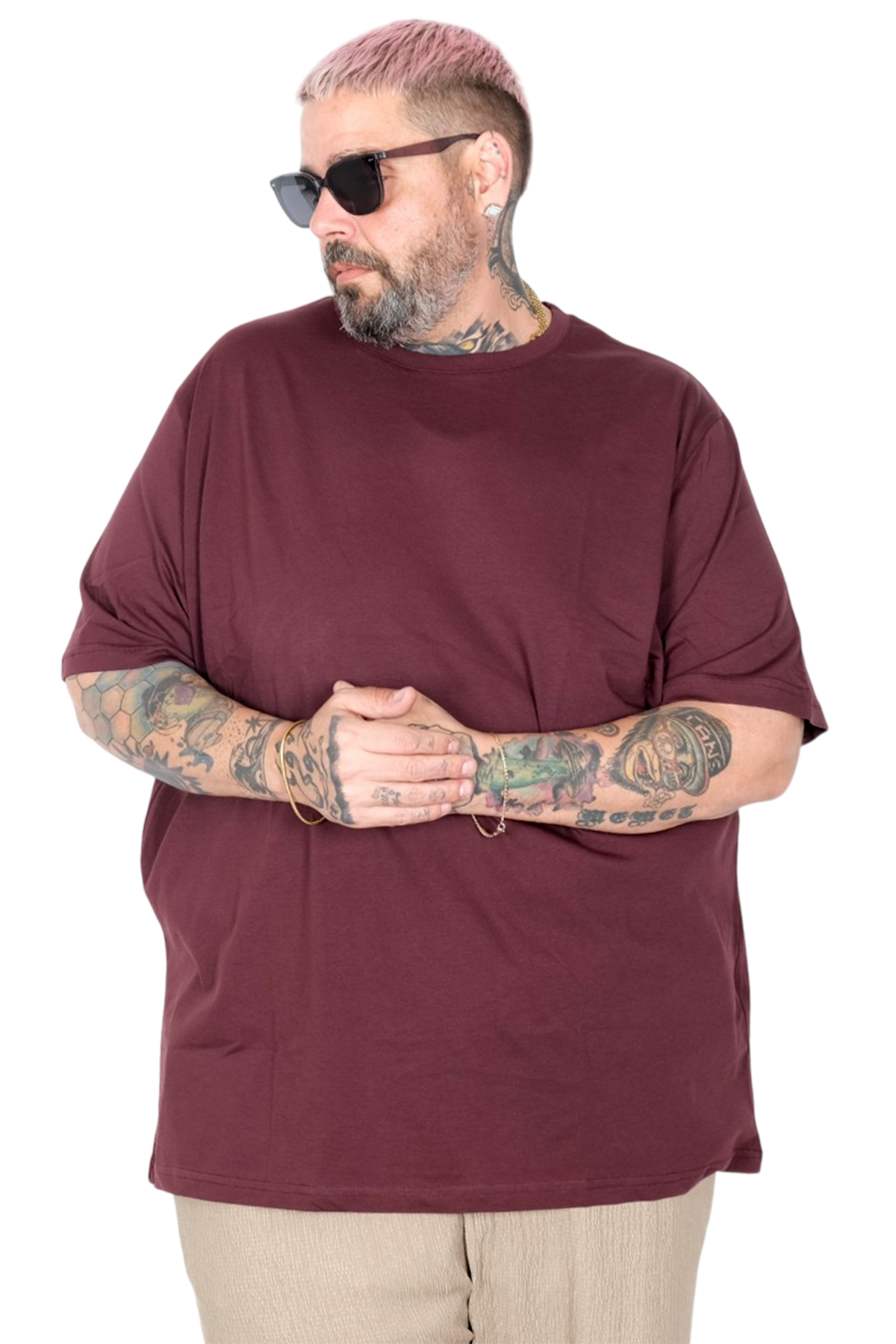 ModeXL Mode XL Büyük Beden Unisex Tshirt Bisiklet Yaka Basic 20031 Mürdüm