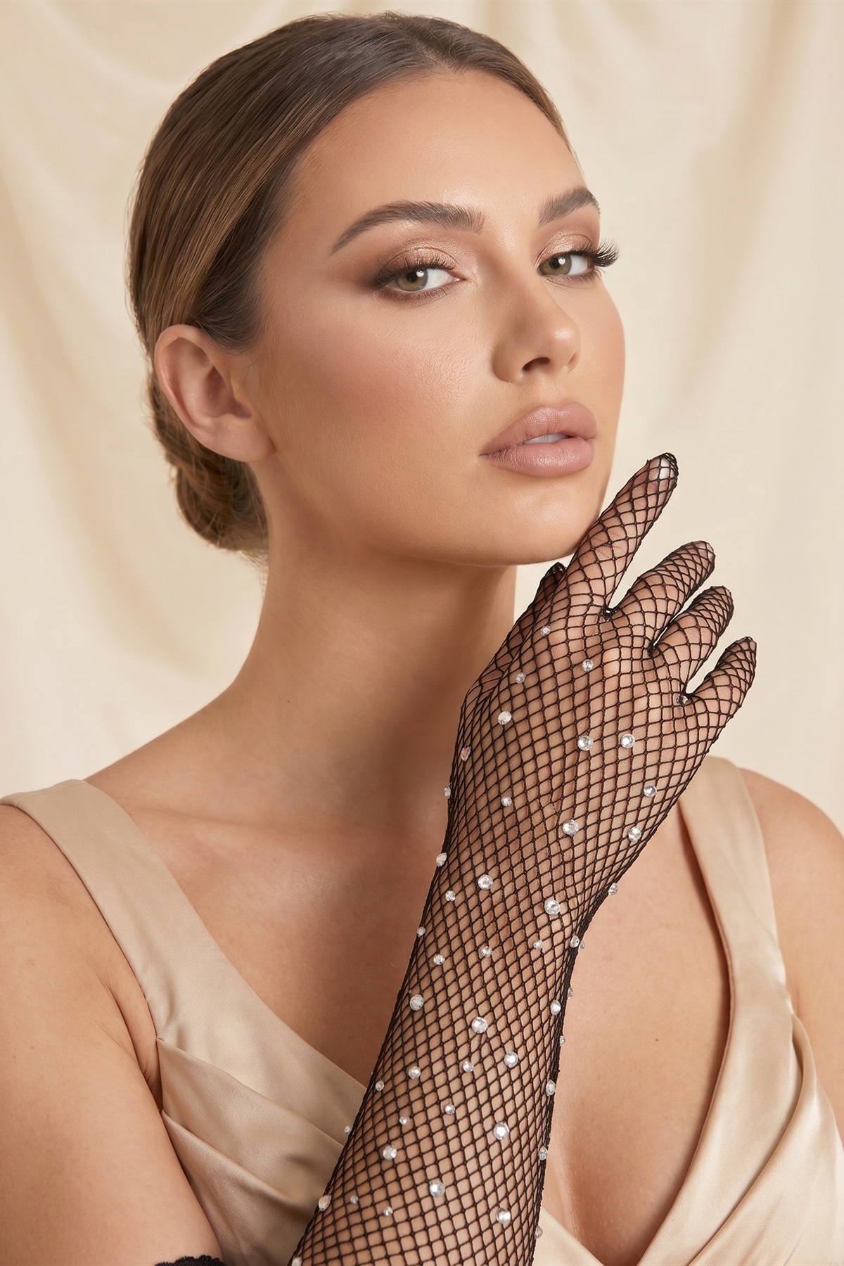 Elegance Scarf Uzun File Taşlı Eldiven Siyah Abiye Davet Gece Parti Söz Kına Nişan Mezuniyet görsel 7