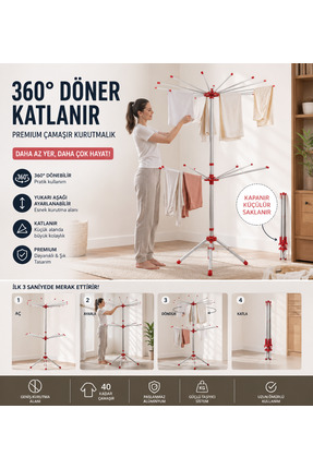 KURUTMAX 360 Twin İki Katlı Çamaşırlık,Dönerli şemsiye Şeklinde Çamaşır Kurut...