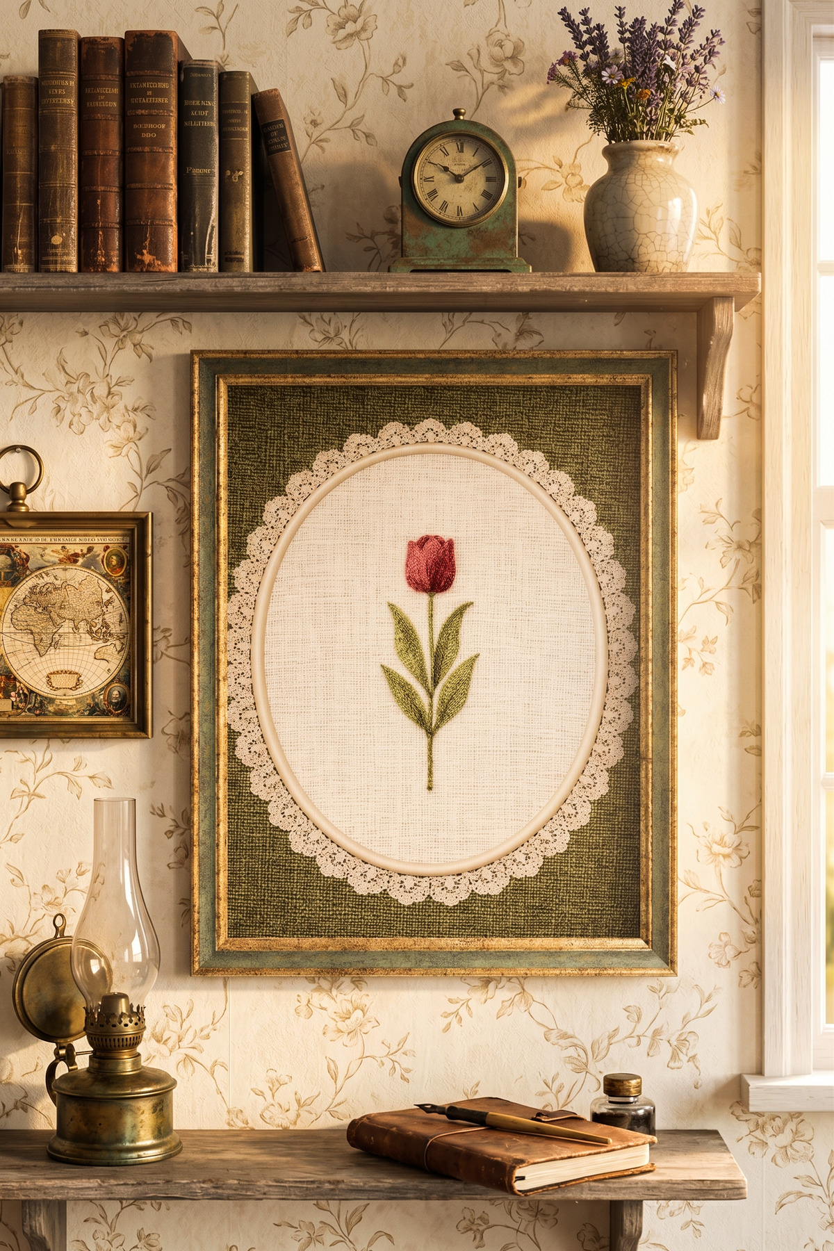Embroidery Look Tulip Design - Vintage Pattern Frame - Slim Model