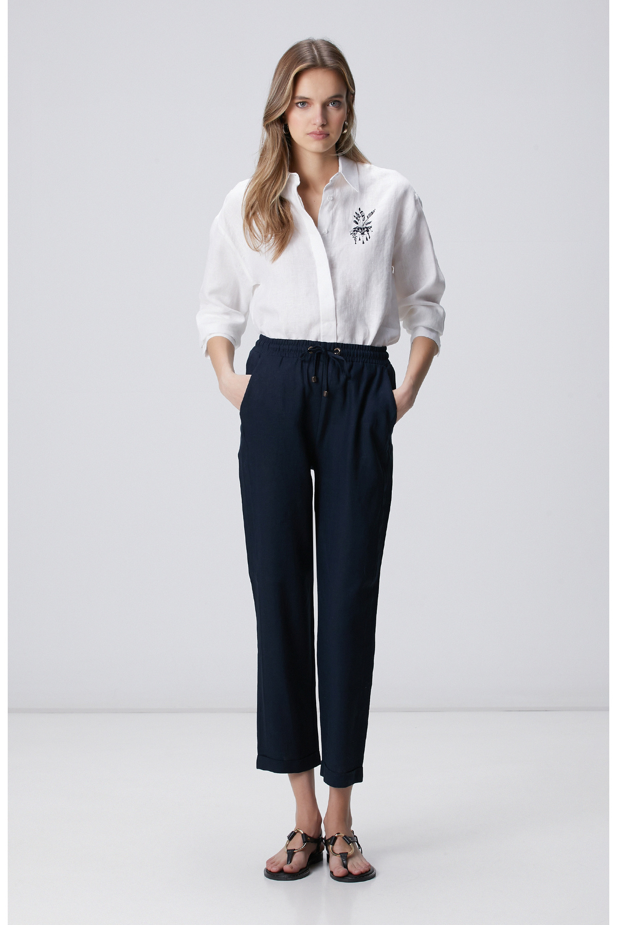 Navy Blue Rib Detailed Linen Mix Pants