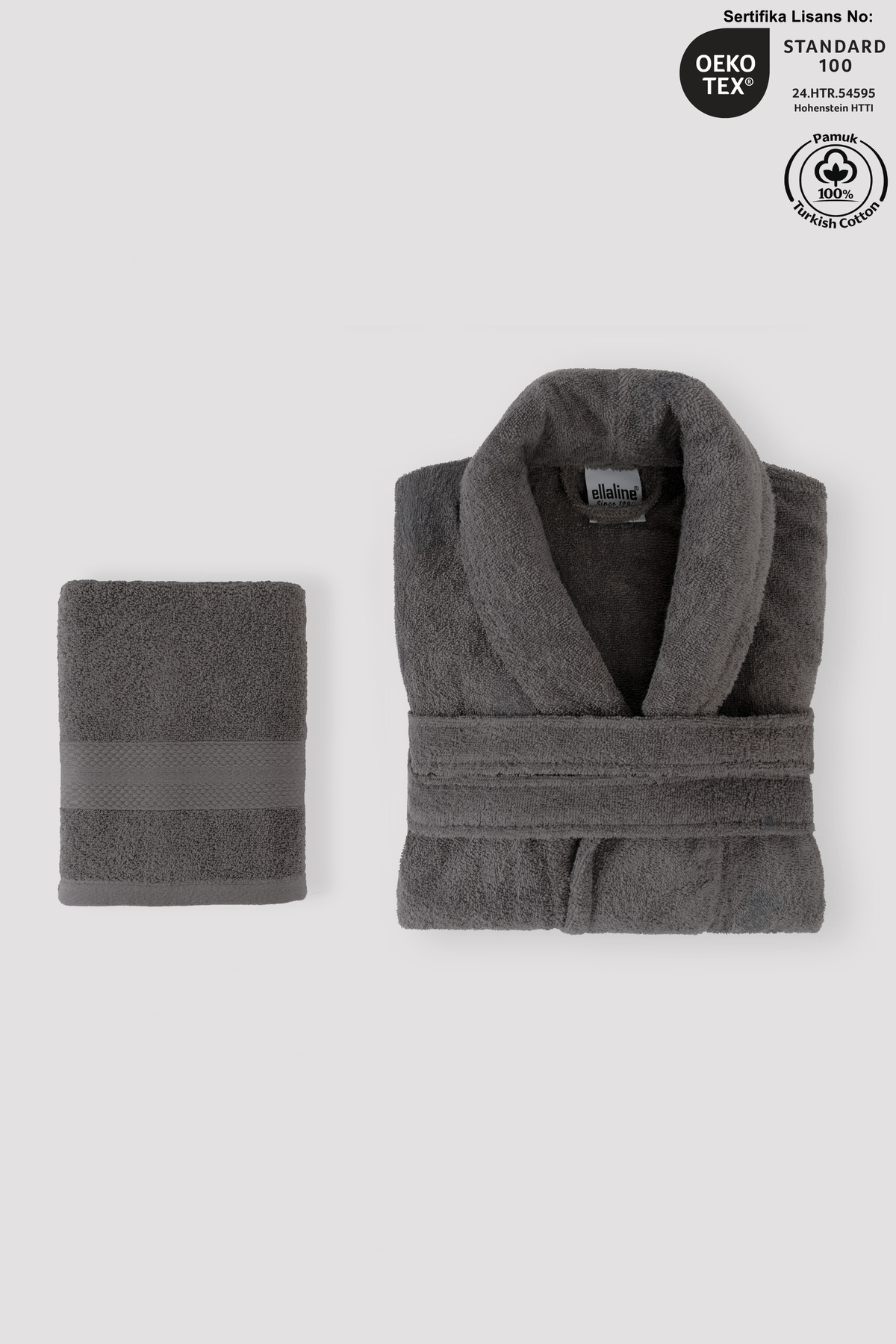 Bathrobe Set 100% Cotton Certified Chalyaka Bathrobe Head Towel Set 2 Pieces Anthracite