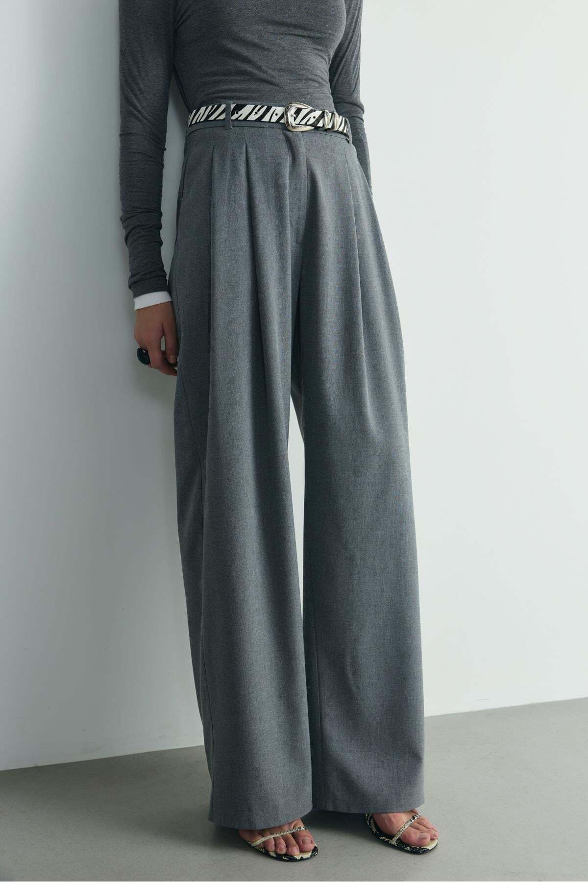Suud Collection Gri Lina Pileli Pantolon görsel 7