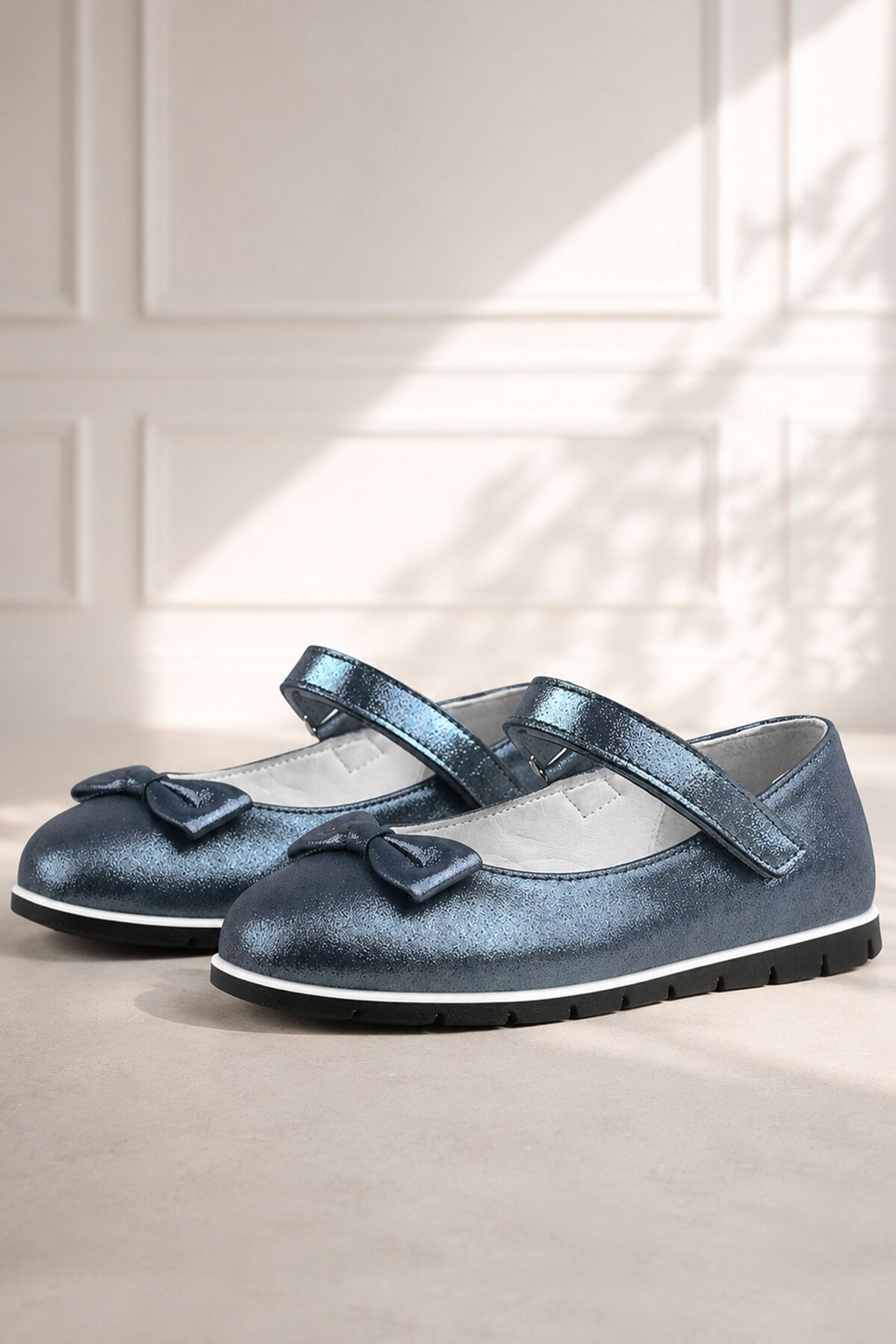 Genuine Leather Anthracite Navy Blue Velcro Girl Flat Shoes