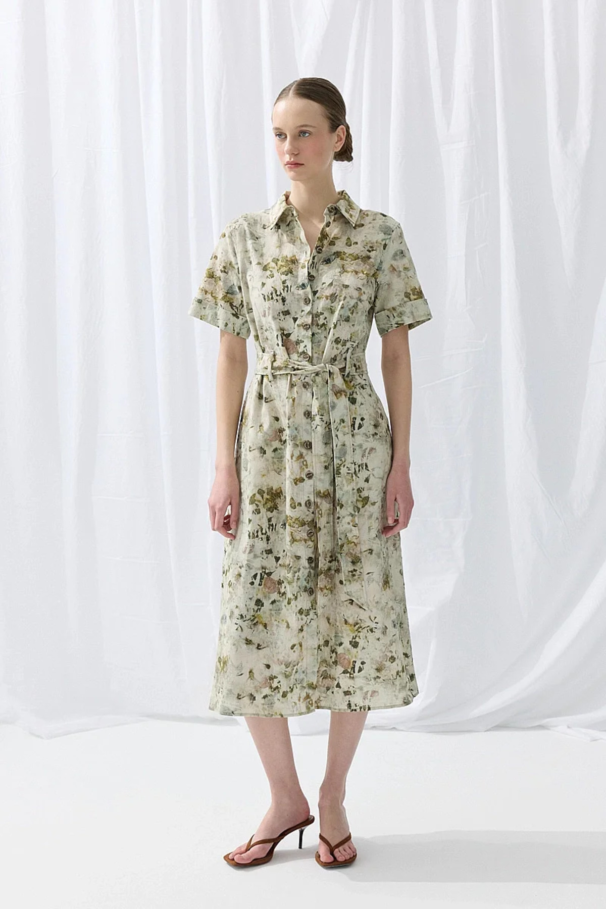 Gusto İz Koleksiyonu Eco Print Keten Midi Gömlek Elbise - Yeşil