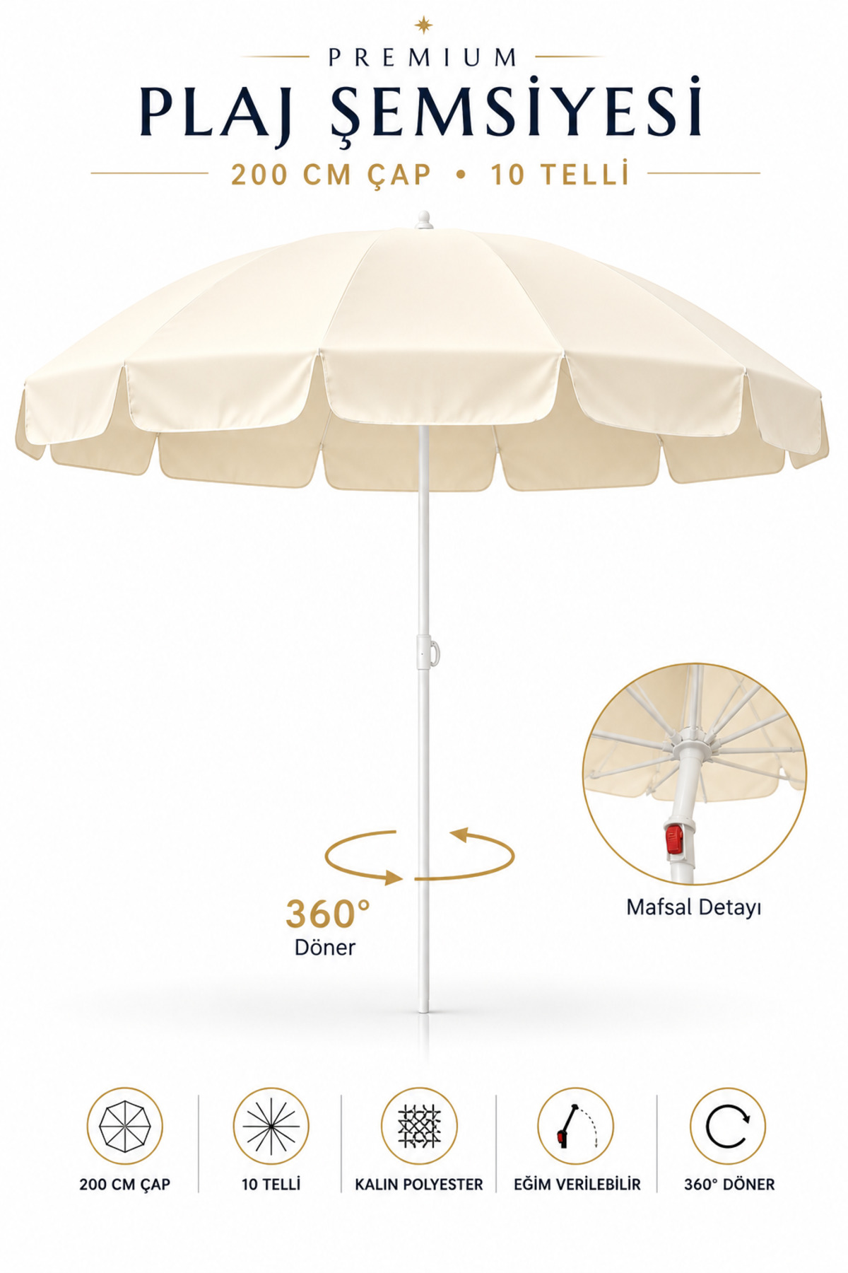 Polyestser Thick Fabric Cream Color Beach Umbrella, Balcony and Garden Umbrella 200 cm Diameter, without bidet