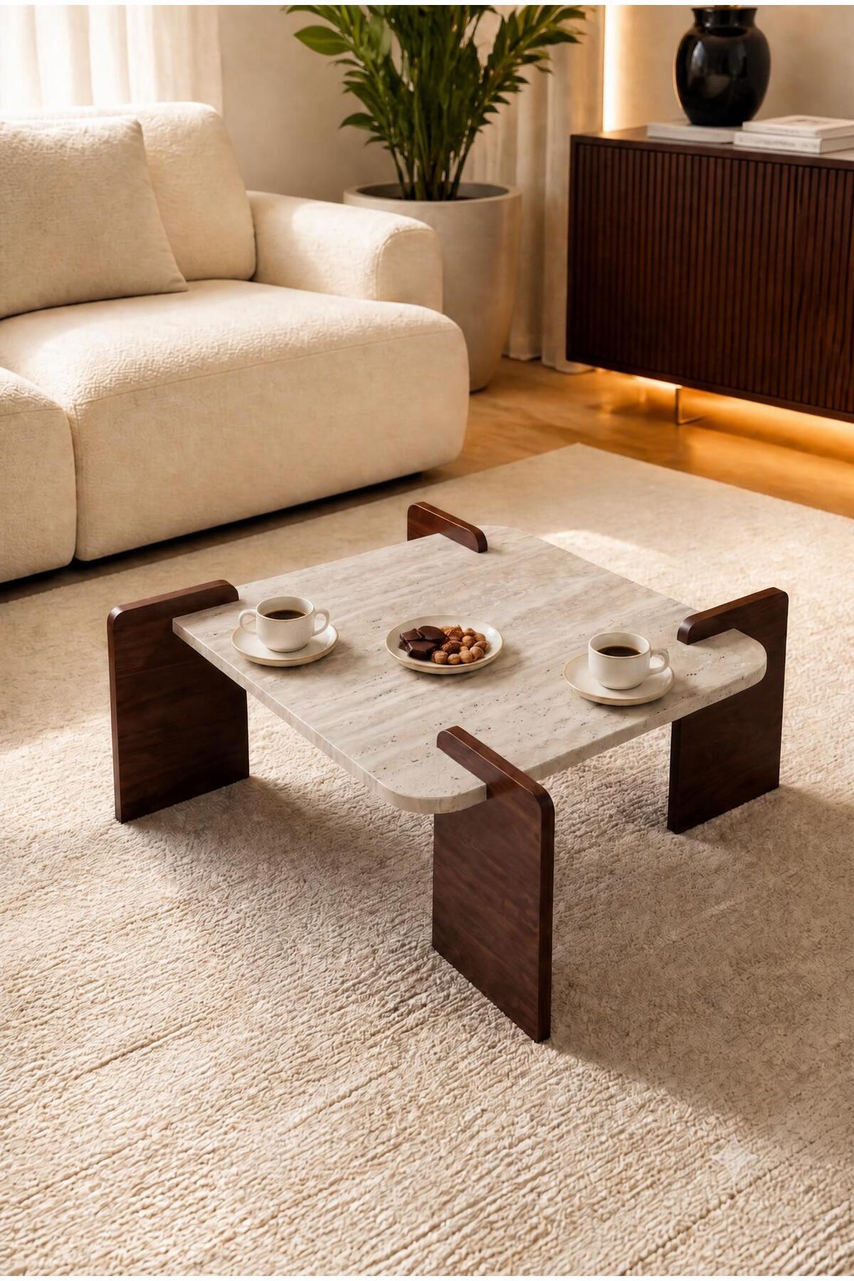 Modern Coffee Table Stylish Design Living Room Table with Marble Travertine Top Table and Wooden Legs