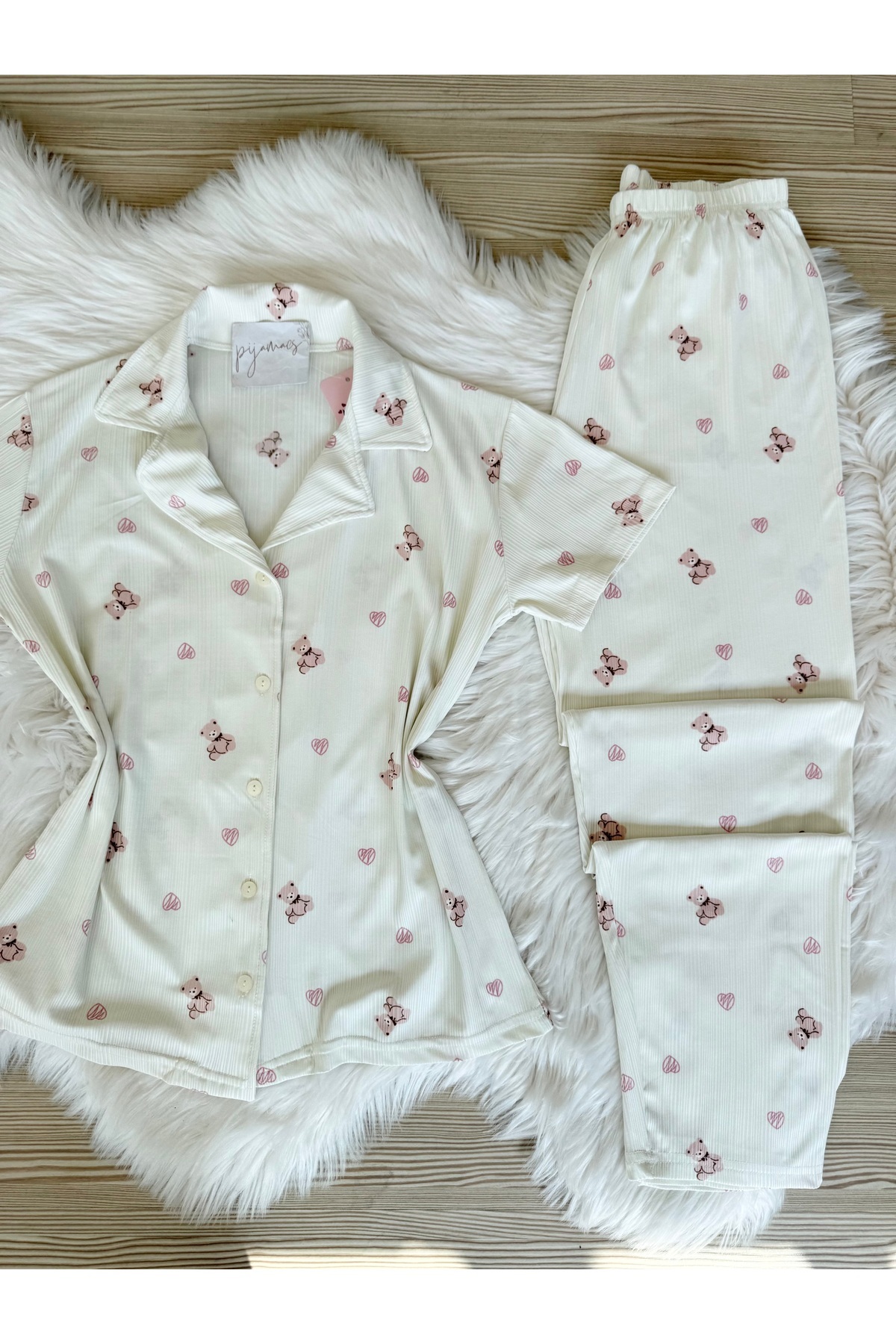 Pijamacs Beyaz Ayıcık Desenli Kısa Kol Pegasus Pijama Takımı görsel 6