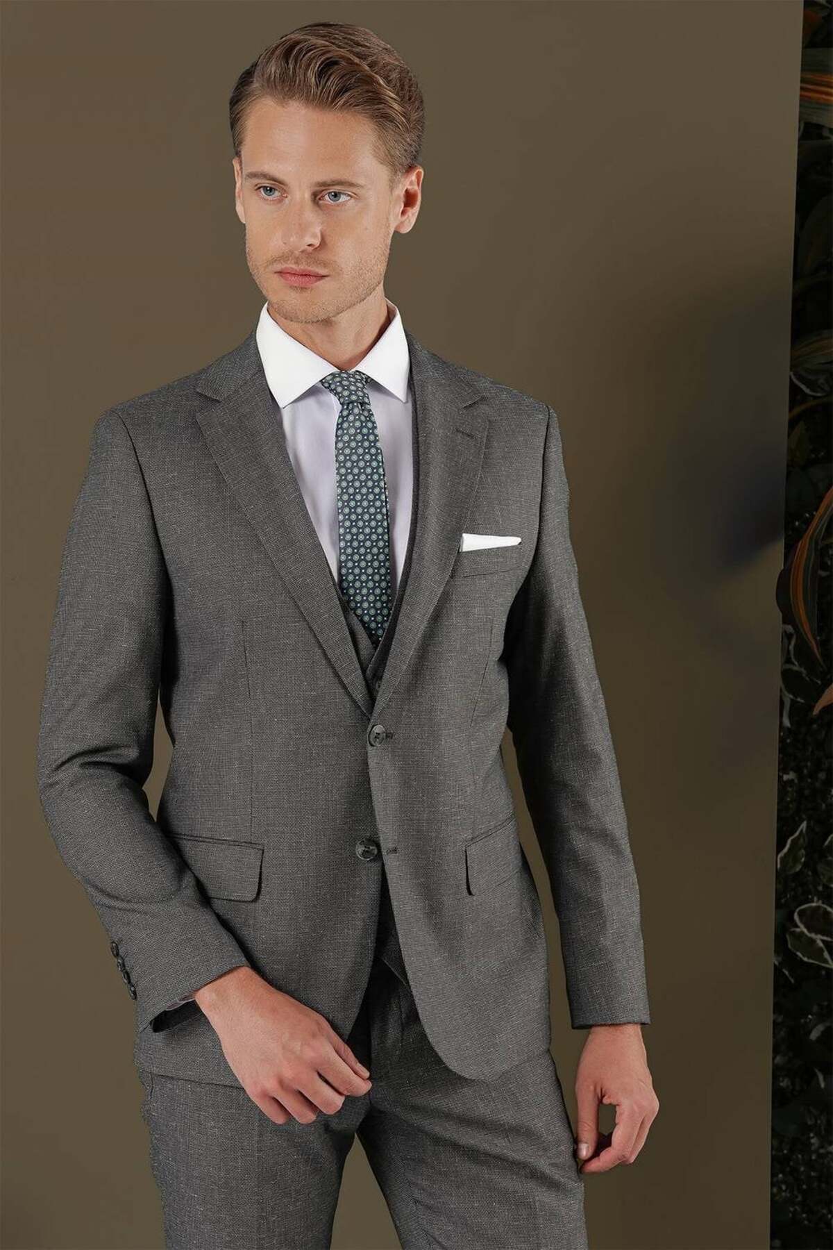 Slim Fit Mono Collar Textured Dark Grey Vest Suit TK 873 — رنگارنگ TK873Y1122 — تصویر 5 از 8