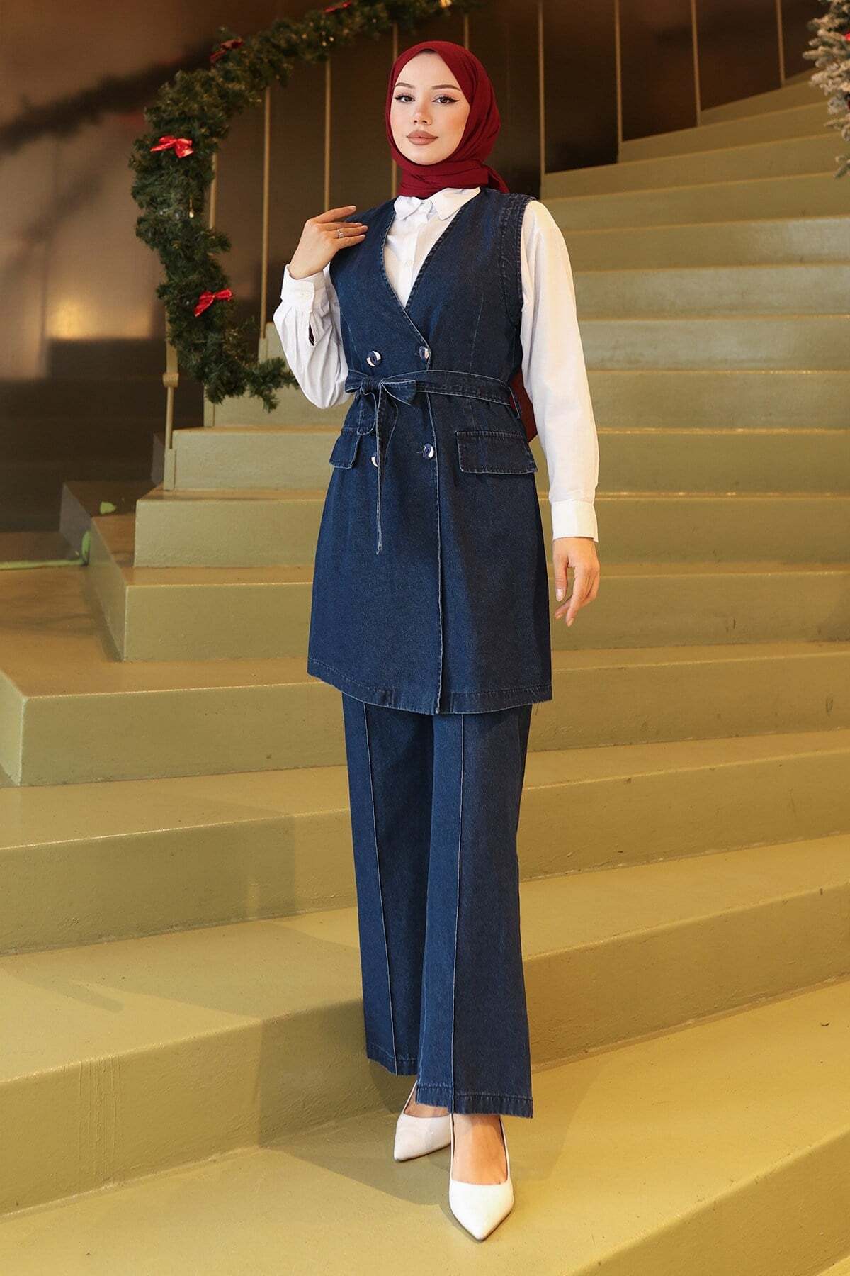 Missvalle Belt Detail Double Denim Set Dark Blue 19232