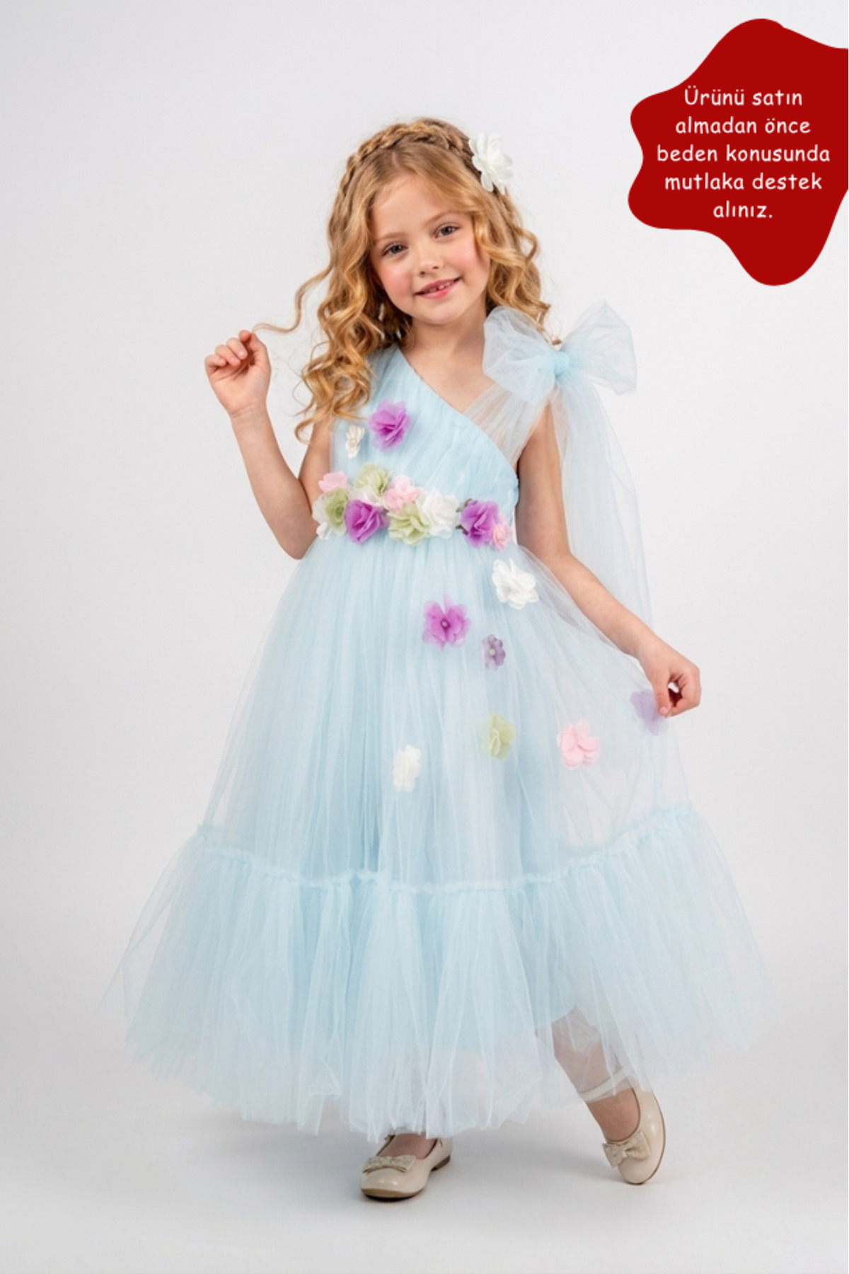 Eray Kids Kız Çocuk Uzun Abiye Elbise Çapraz Omuzlu Çiçek Detaylı 6-9 Yaş
