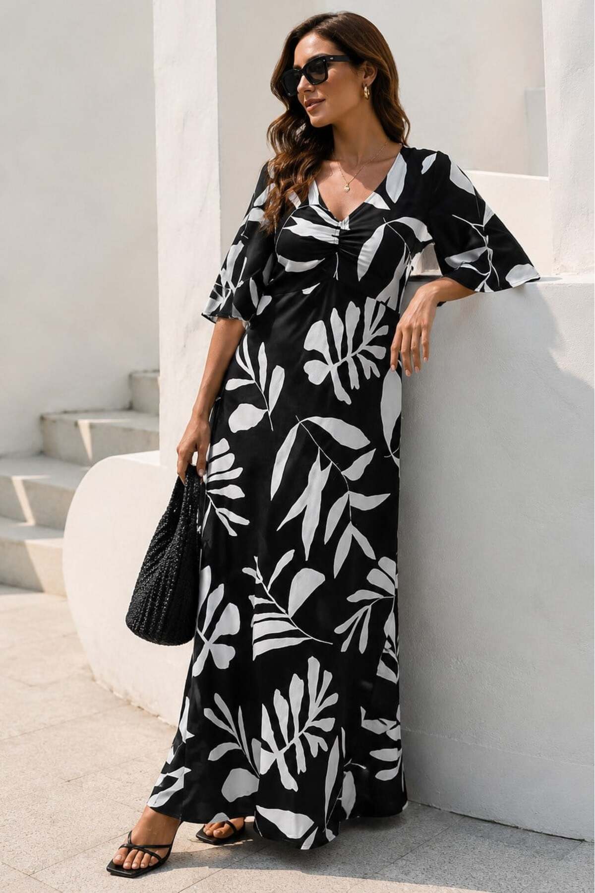 Madmext Schwarzes, gemustertes Kleid mit halben Ärmeln MG2395