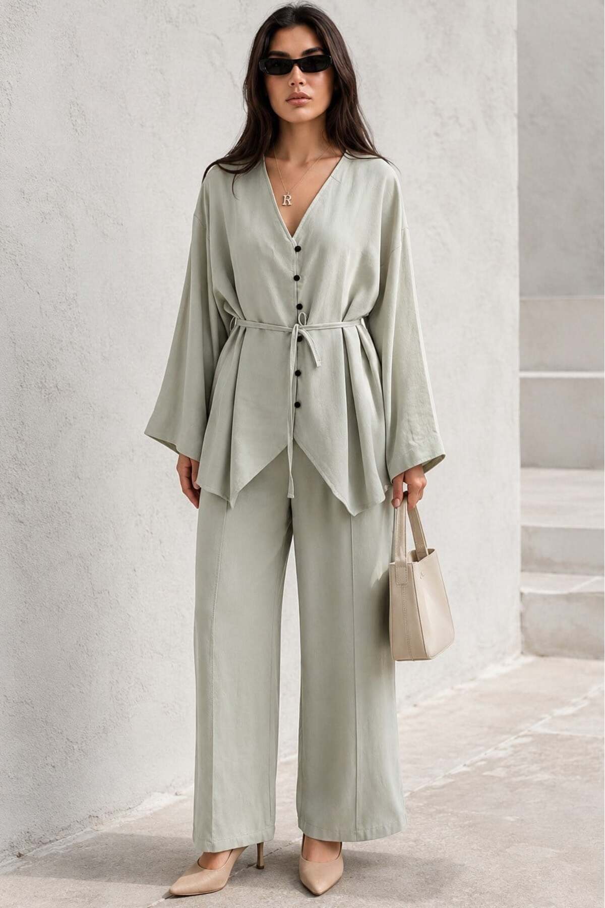 Sage V-Neck Buttoned Belted Double Modal Women's Suit MG2619