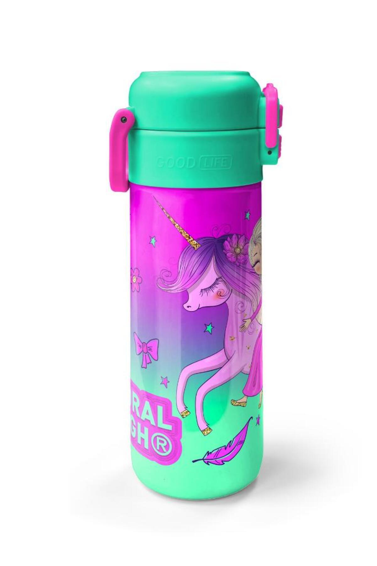 Kids Açık Pembe Mor Unicornlu Prenses Desenli Pipetli ve Direkt İçim Çelik Termos 500 ml