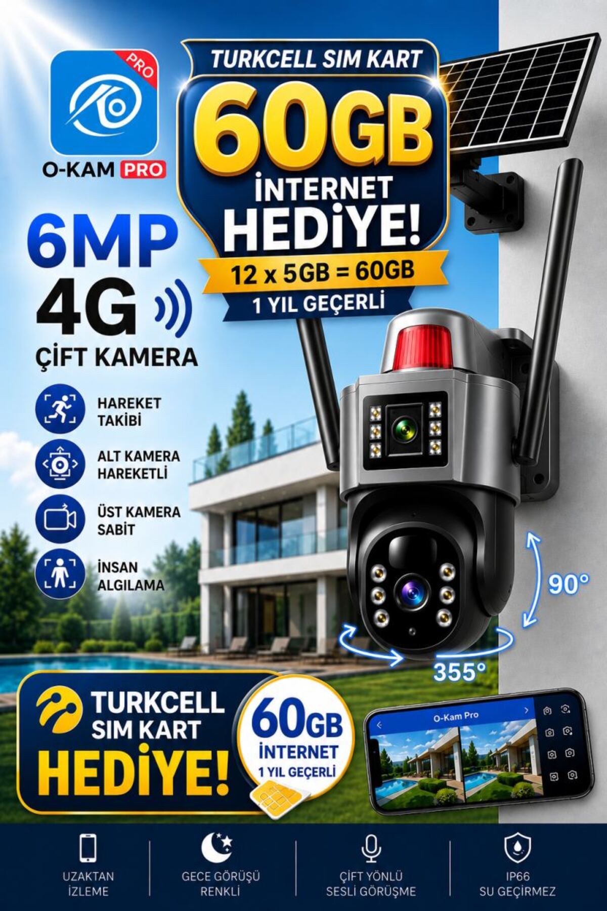 OKAM 7015 4G 6mp Dual Lens Solar Siren Security Camera with Solar Panel 1 Year Internet