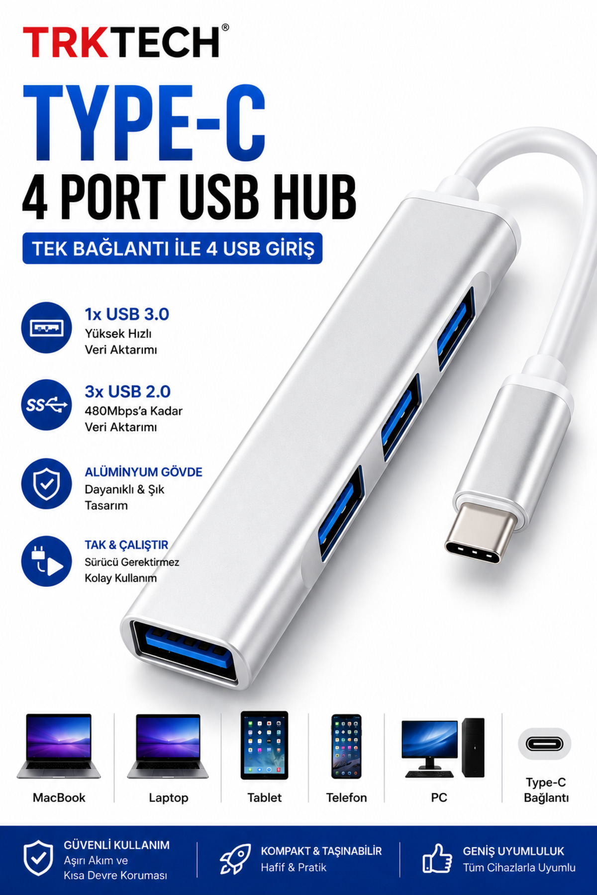Type-C USB Hub 4 Port USB Multiplexer USB 3.0 Hub Type-C to USB Converter Converter MacBook Laptop Tablet PC Compatible Aluminum Adapter