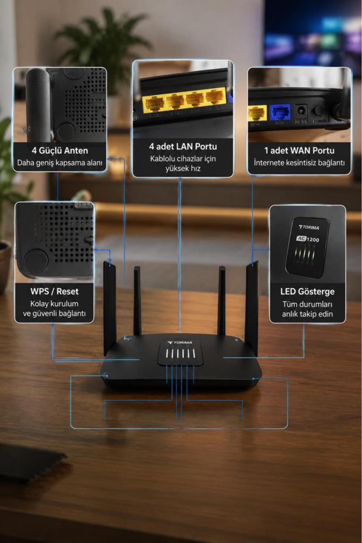 Torima Çift Bant Kablosuz Wifi Router 1200Mbps 2.4GHz ve 5GHz 4