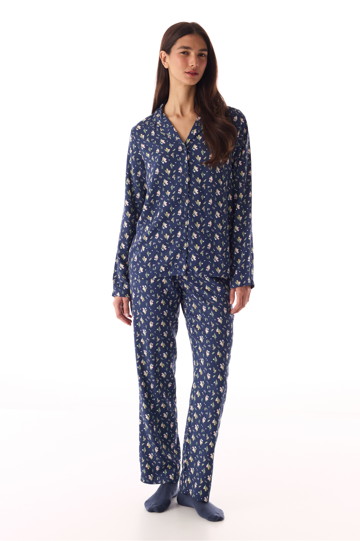 Penti Dark Blue Pretty Flowers Buttoned Shirt and Pants Pajama Set