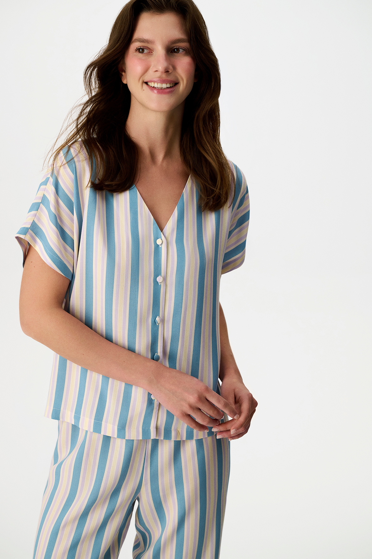 Blue Ella Striped Short Sleeve Pants Pyjama Set