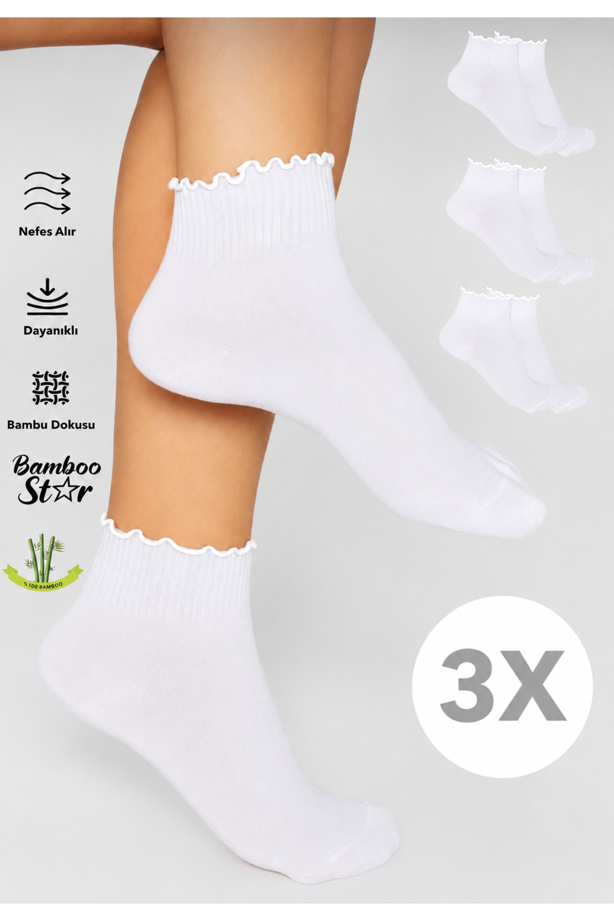 Bamboo Women's Ruffled Booties Seamless White Socks 3-Pack