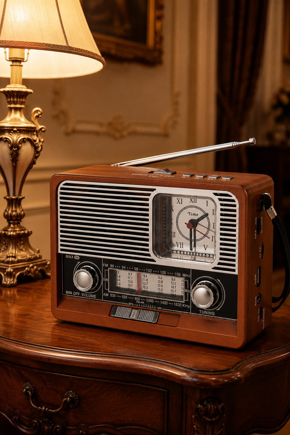 Vintage Radio with Clock FM Wooden Look Bluetooth Speaker Wood Color Vintage Clock ILLUMINATED USB SD