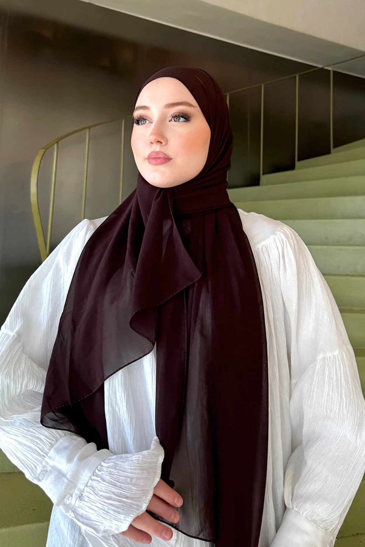 Madame Polo Krep Şifon Şal - Acı Kahve görsel 7