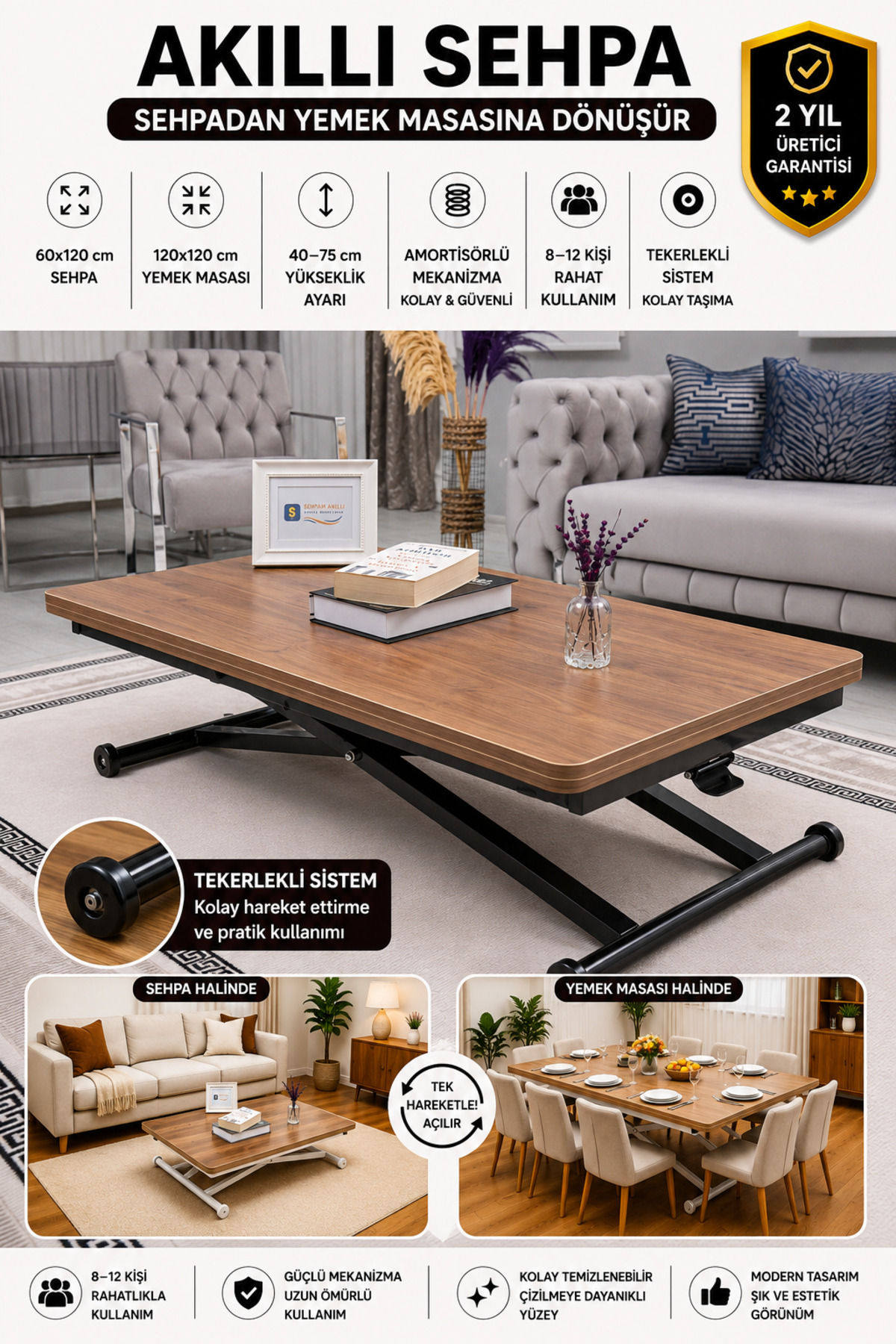Akıllı Sehpa Home Üst Tabla Mdf Ceviz Oval Köşe Alt Mekanizma Siyah Renk