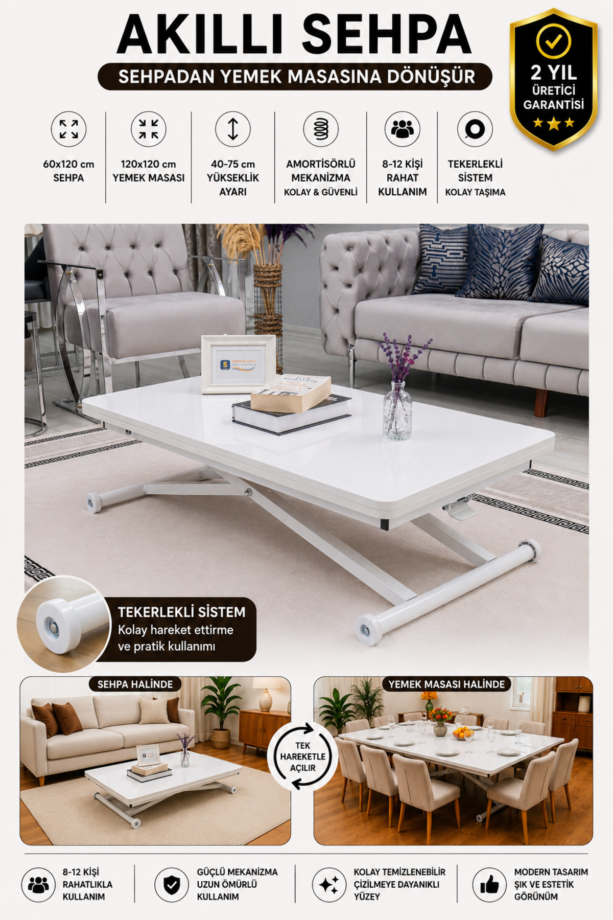 Akıllı Sehpa Home Üst Tabla Mdf Beyaz Alt Mekanizma Beyaz Renk