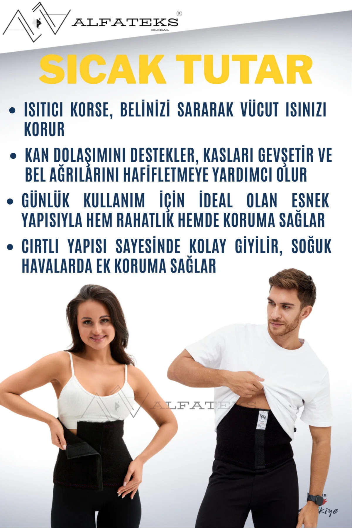 ALFATEKS Siyah Cırtlı Unisex Termal Yün Bel Korse - Isıtır - Sıcak Tutar - Ağrı Önler - destekler görsel 2