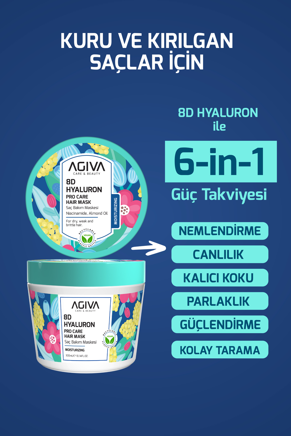 8d Hyaluron Kuru ve Mat Saçlar İçin Yoğun Nemlendirici, Güçlendirici Saç Bakım Maskesi 300 ml – Vegan — 8DMASKE — تصویر 2 از 6