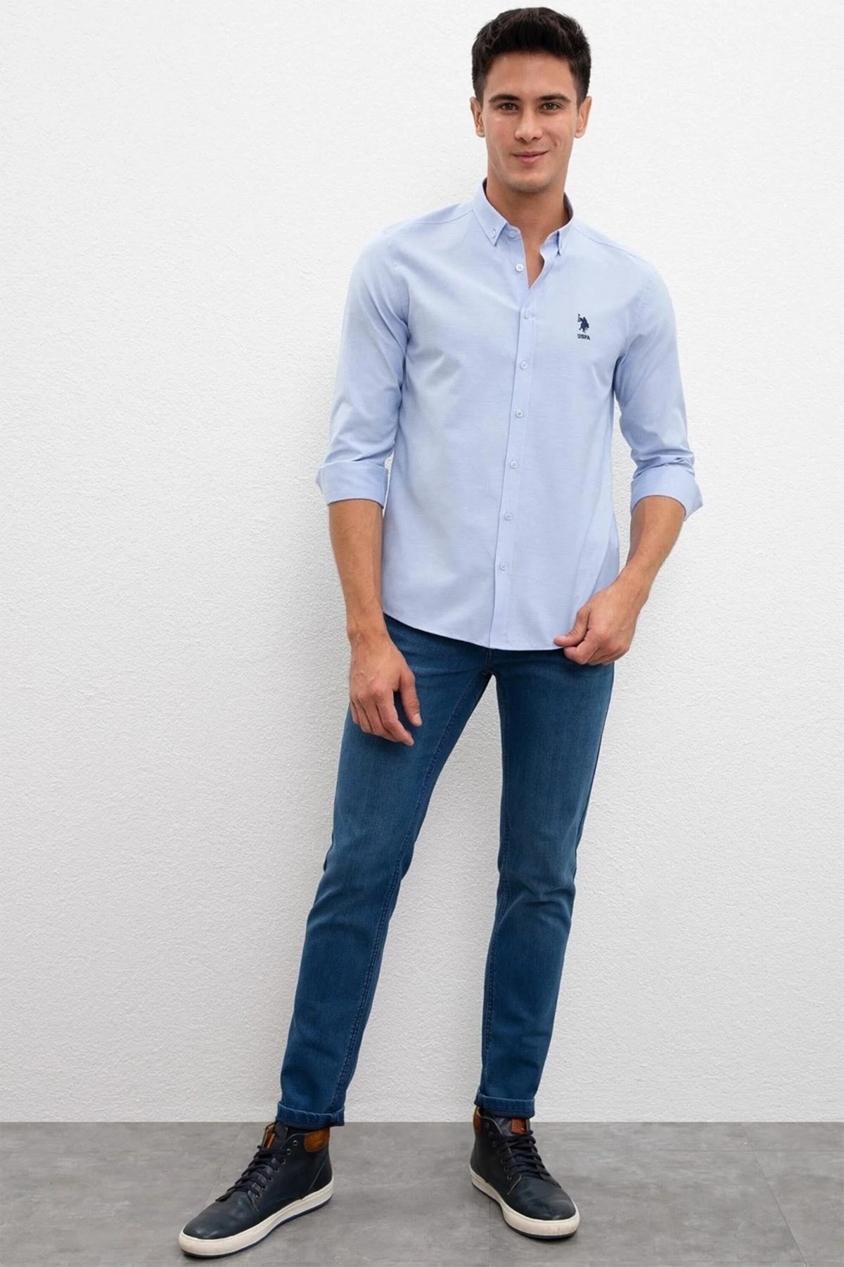 Erkek Açık Mavi Uzun Kollu Basic Gömlek — آبی G081GL004.000.977266 — تصویر 3 از 5