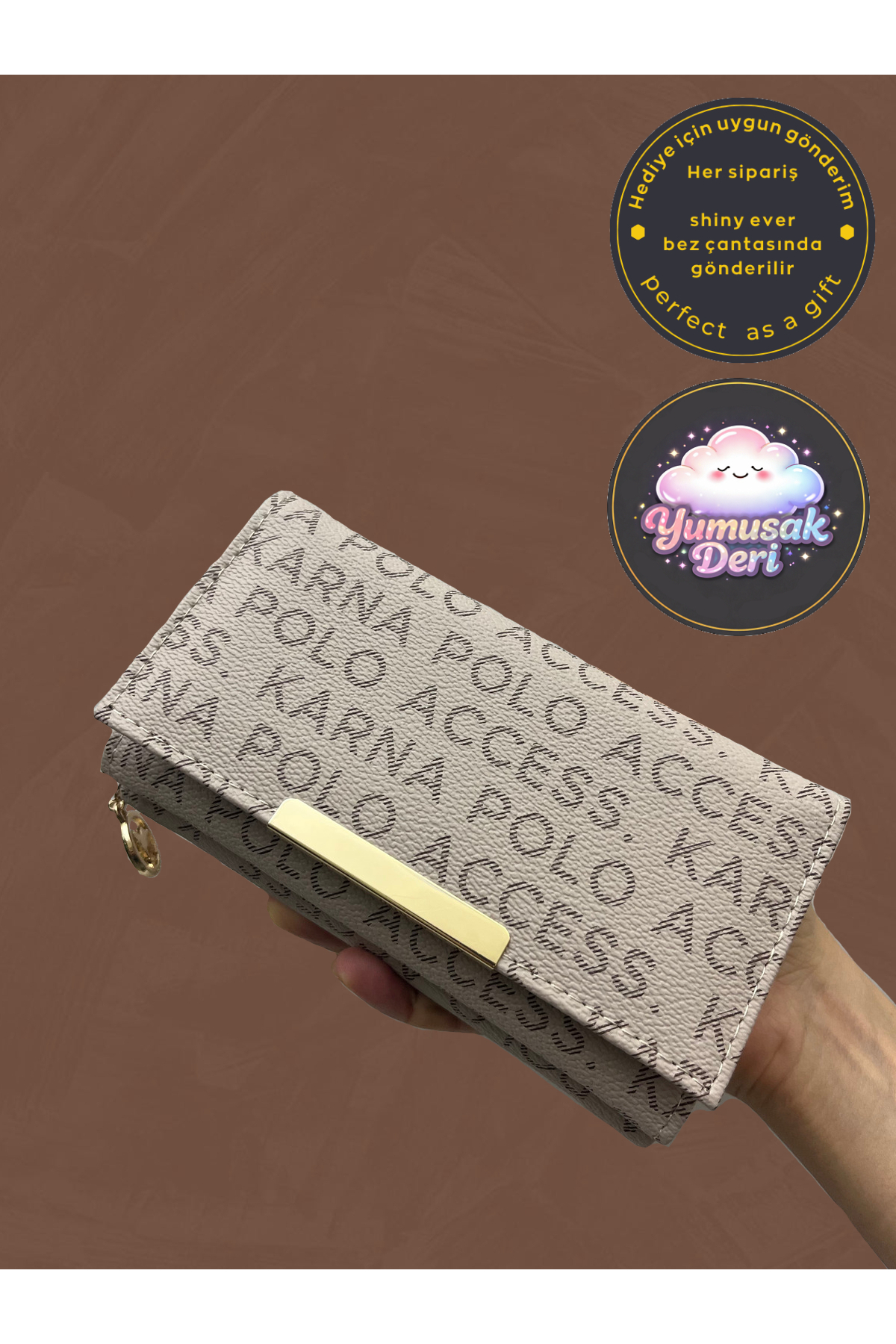 shiny ever Vizon Siyah Yumuşak Deri Kadın Cüzdan El Çantası Gold Detaylı