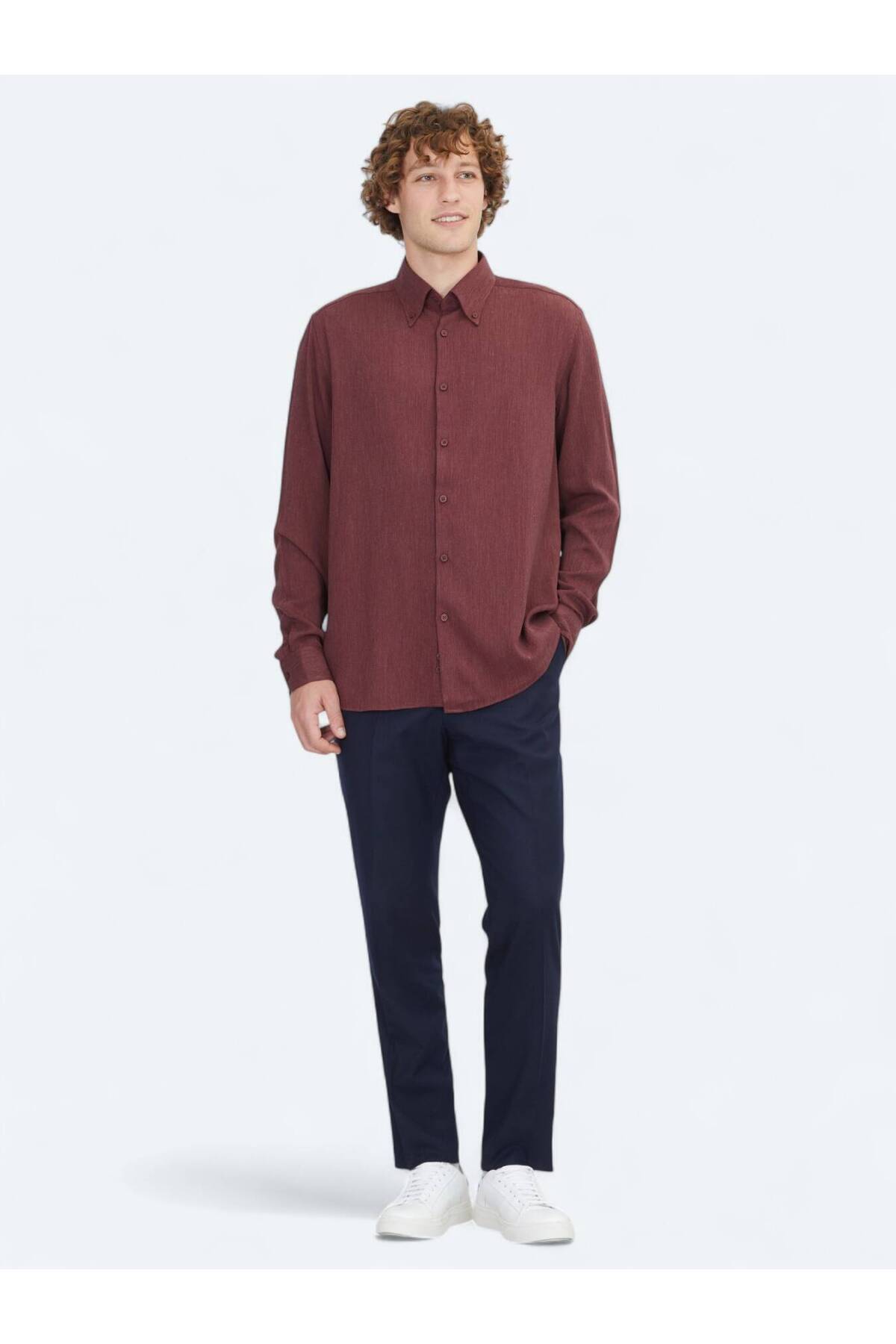 پیراهن راحتی با بافت بلند Claret Red Regular Fit — رنگارنگ 51099 — تصویر 2 از 5