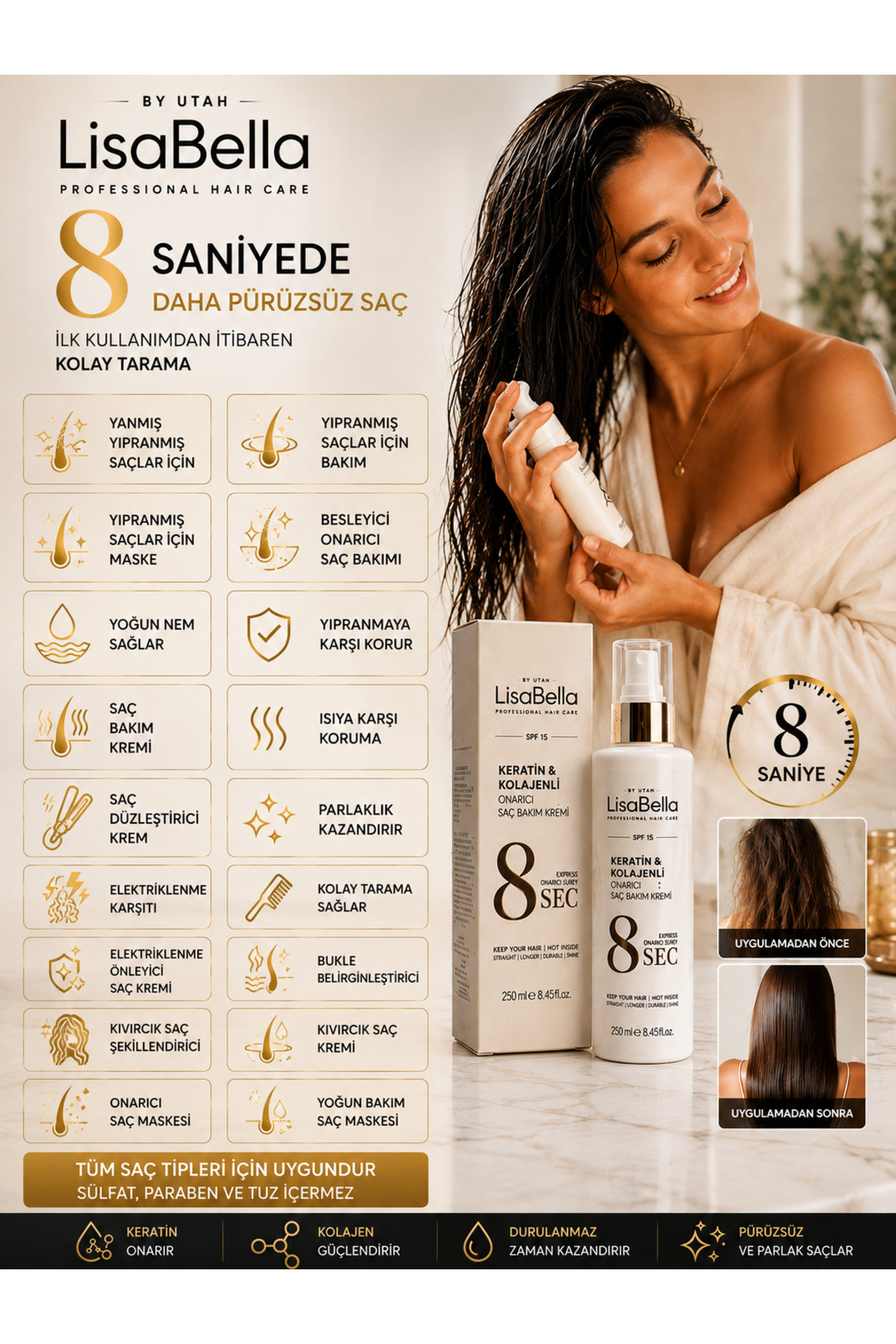 Durulanmayan Saç Kremi Keratin & Collagen 250 ml 👉 "Kabarmayı Önleyen" Ekstra Dolgunlaştırıcı Restorative Hair Care — LB-100 — تصویر 5 از 8